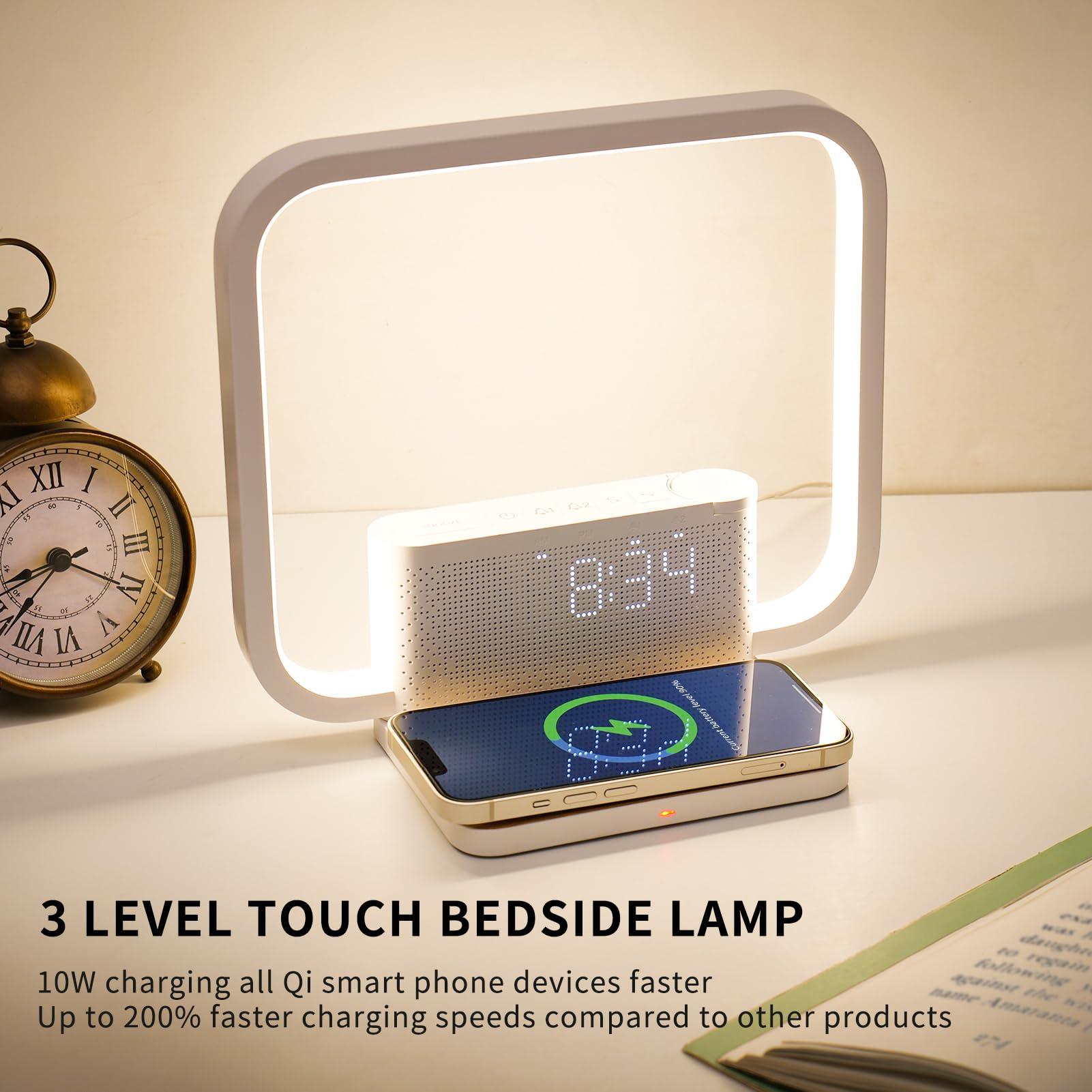 RETEYUNG RETEYUNG Bedside Lamps,Sunrise Alarm Clock for Heavy Sleepers,Table Lamp with Fast Wireless Charger Station for iPhone/Samsung,Wake Up Light Touch with Snooze/Timer/10 Natural Sounds/3 Dimmable
