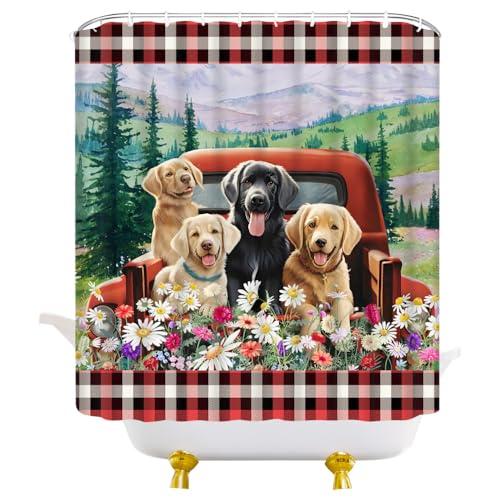 JEJOMEAG JEJOMEAG Dog Shower Curtain Cute Farmhouse Animals Retro Red Truck Rustic Daisy Floral Spring Country Fabric Bathroom Curtain with Hooks, 67x70 Inch