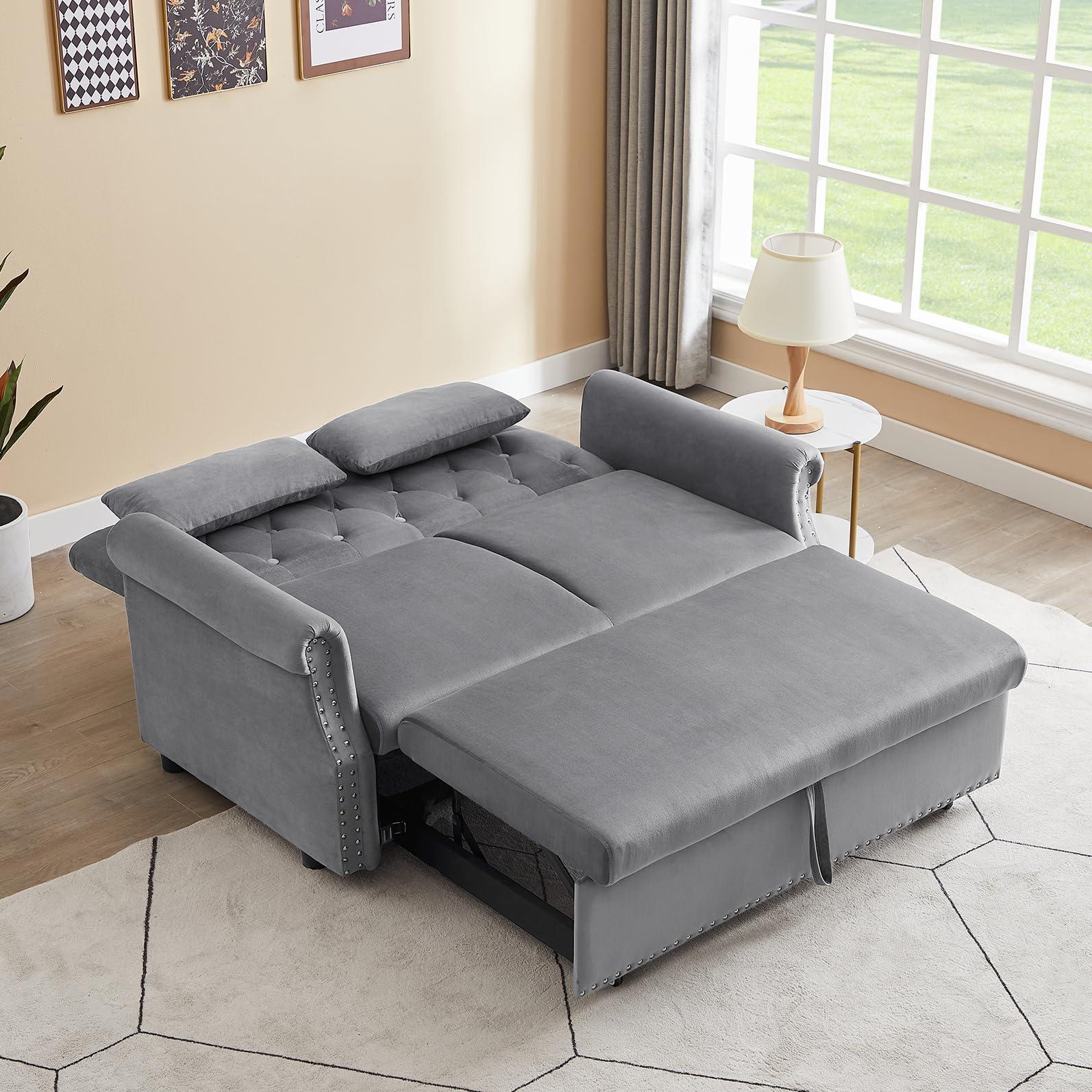 Kurhwyss Velvet Pull Out Couch Bed, Convertible Sleeper Futon Sofa with Adjustable Backrest, Modern Pullout Couch with 2 Pillows, Upholstered Small Loveseat for Living Room, Bedroom and Dorm (Grey)