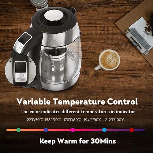 Fangflower Electric Glass Kettle 1.7L, Hot Water Boiler with 1500W Fast Boiling/ 5 Presets LED Indicator Lights/Removable Tea Infuser/Auto Shut-off