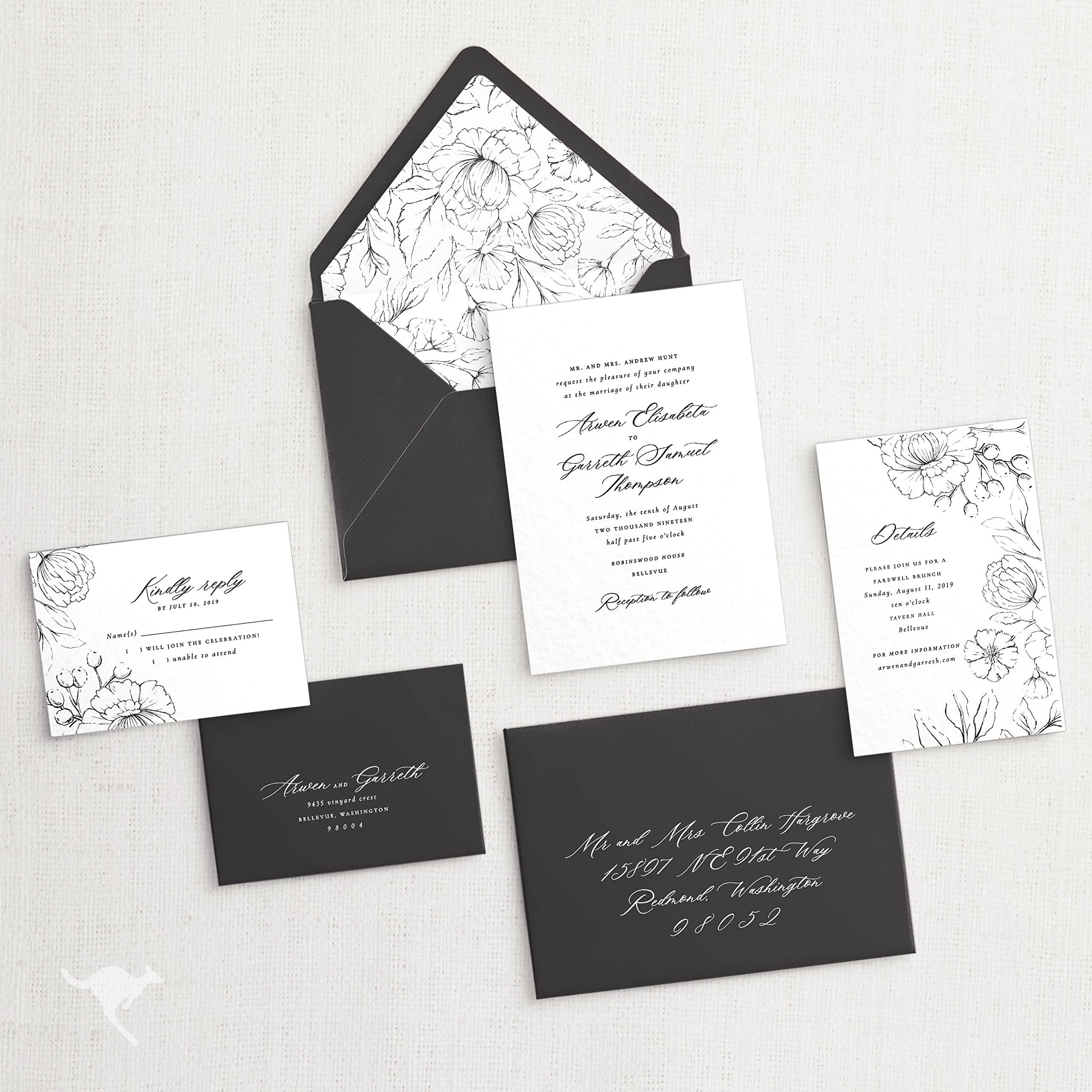 marsupial papers Letterpress Wedding Invitations | Customizable Elegant, Floral, Custom Printed | Arwen Wedding Invitation with RSVP Envelopes Details Cards (Set of 50, Package 4)