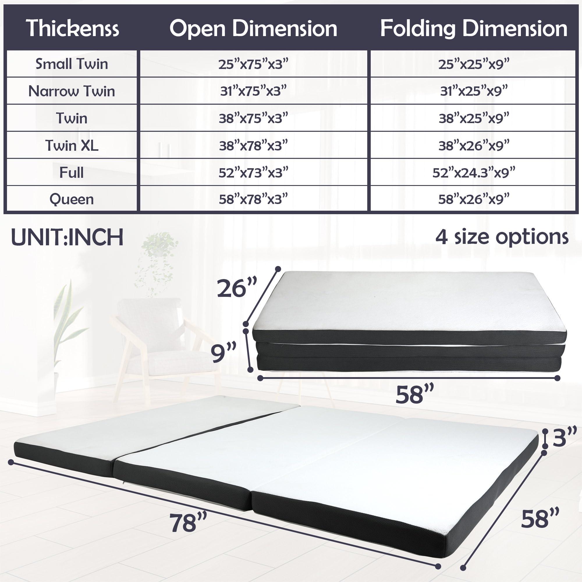 YIQIEDEY YIQIEDEY Folding Mattress,3 inch Tri Fold Memory Foam Mattress Topper,Portable Foldable Mattress Topper with Washable Cover,Non-Slip Bottom for Camping,Guest,Queen,78\"x58\"x3\"