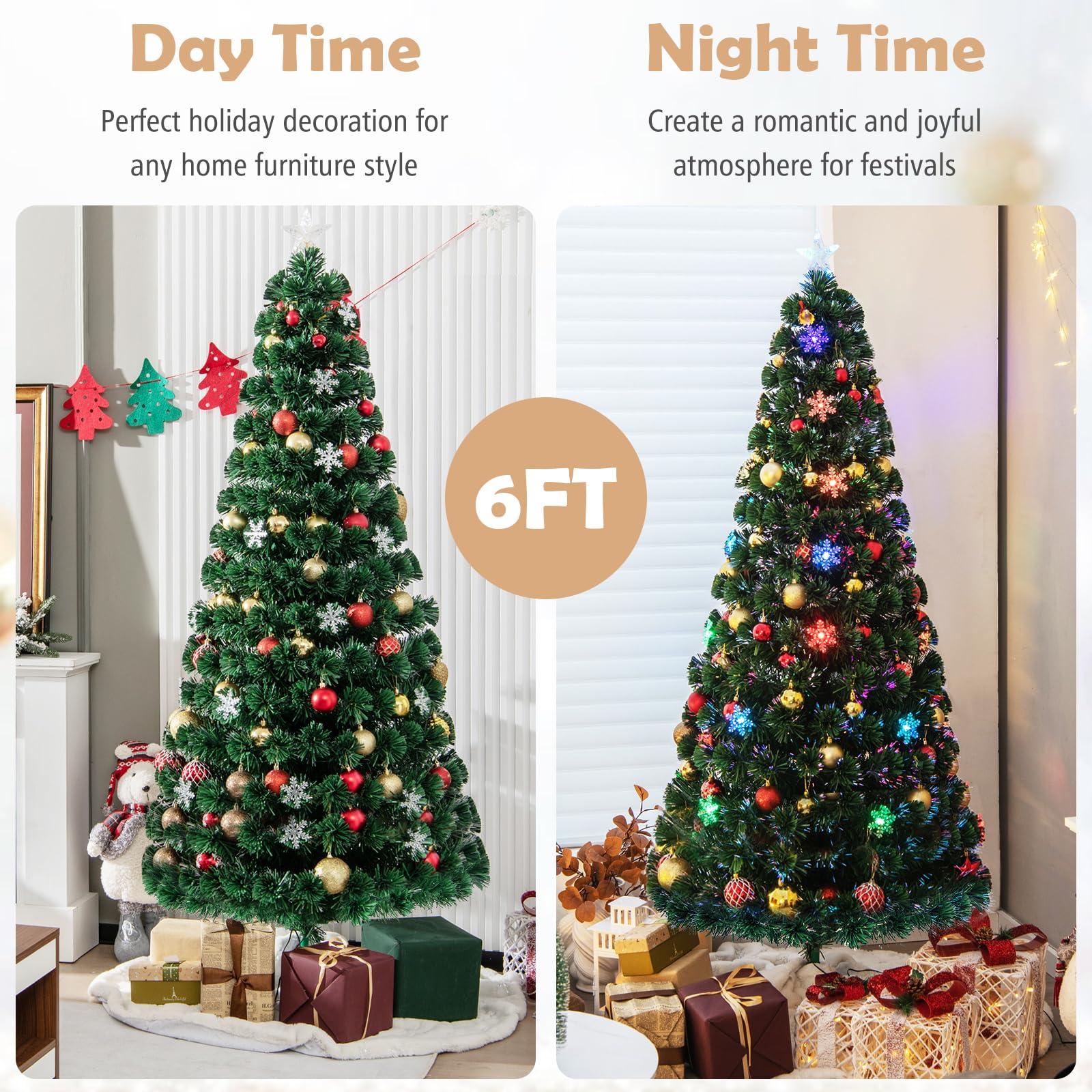 Goplus Goplus 6ft Pre-Lit Fiber Optic Christmas Tree, Artificial Xmas Full Tree with Colorful Snowflake LED Lights, 220 Branch Tips, Foldable Metal Base, for Office Home Holiday Decor