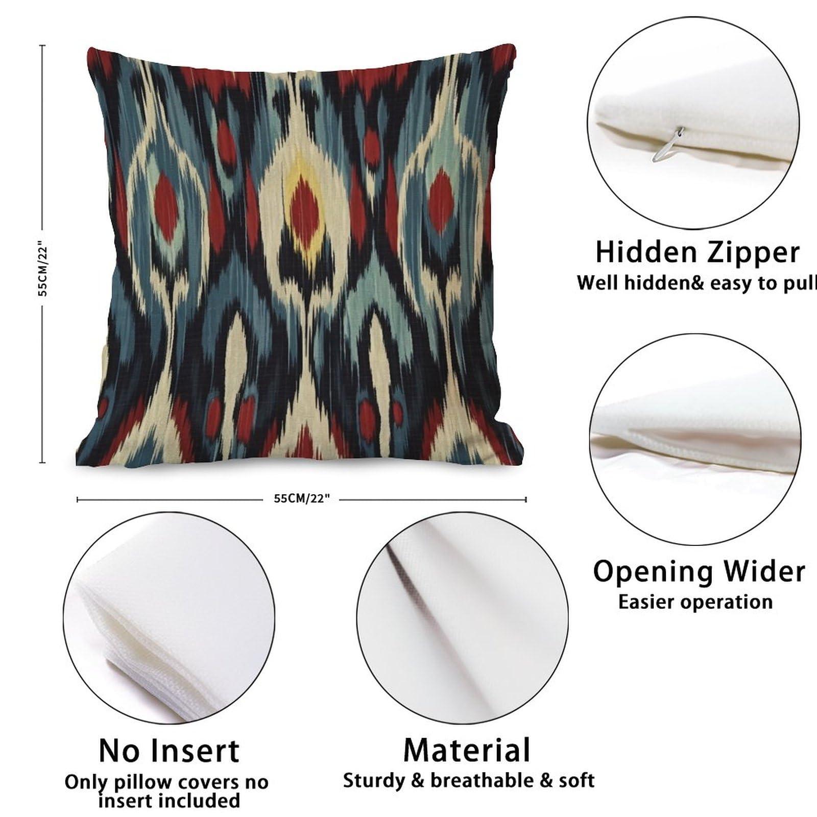 Zyadsinoudor Zyadsinoudor Asian Style Throw Pillow Case Blue Red Cream Ikat Cushion Cover Traditional Chinese 22x22in Decorative Pillow Home Cotton Linen Artistic Pillow Cover for Living Room Bedroom Chair Couch
