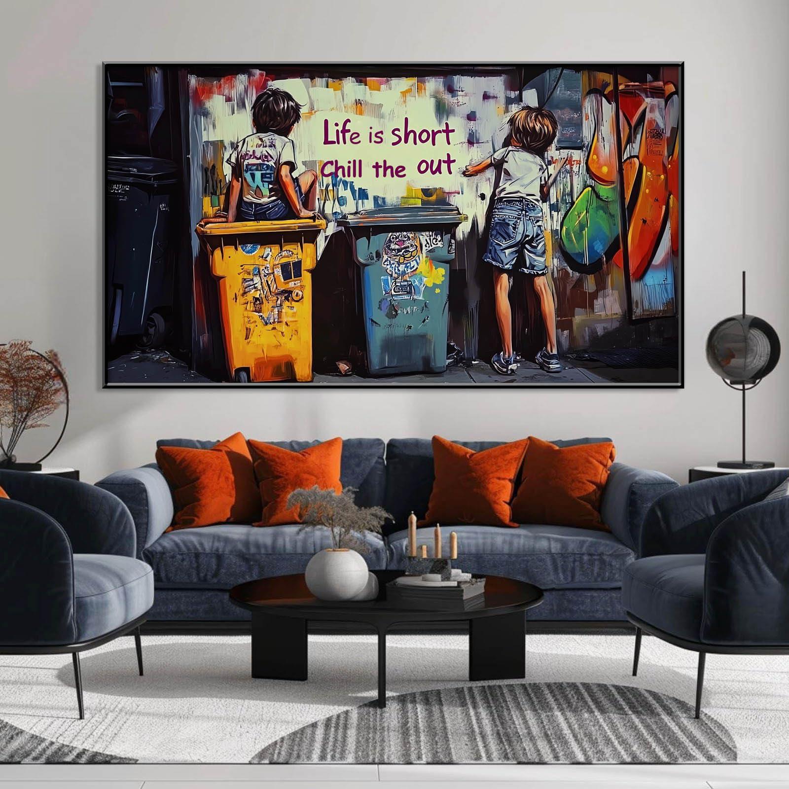 HOLECIC Banksy Canvas Wall Art, Banksy Art Wall Decor, Graffiti Canvas Wall Art, Banksy Two Boys, Life Is Short, Chill The Out, Street Art Wall Decor, Graffiti Painting, Urban Art, Home Decor (Gold Frame, 23\"x13\"|60x35cm)