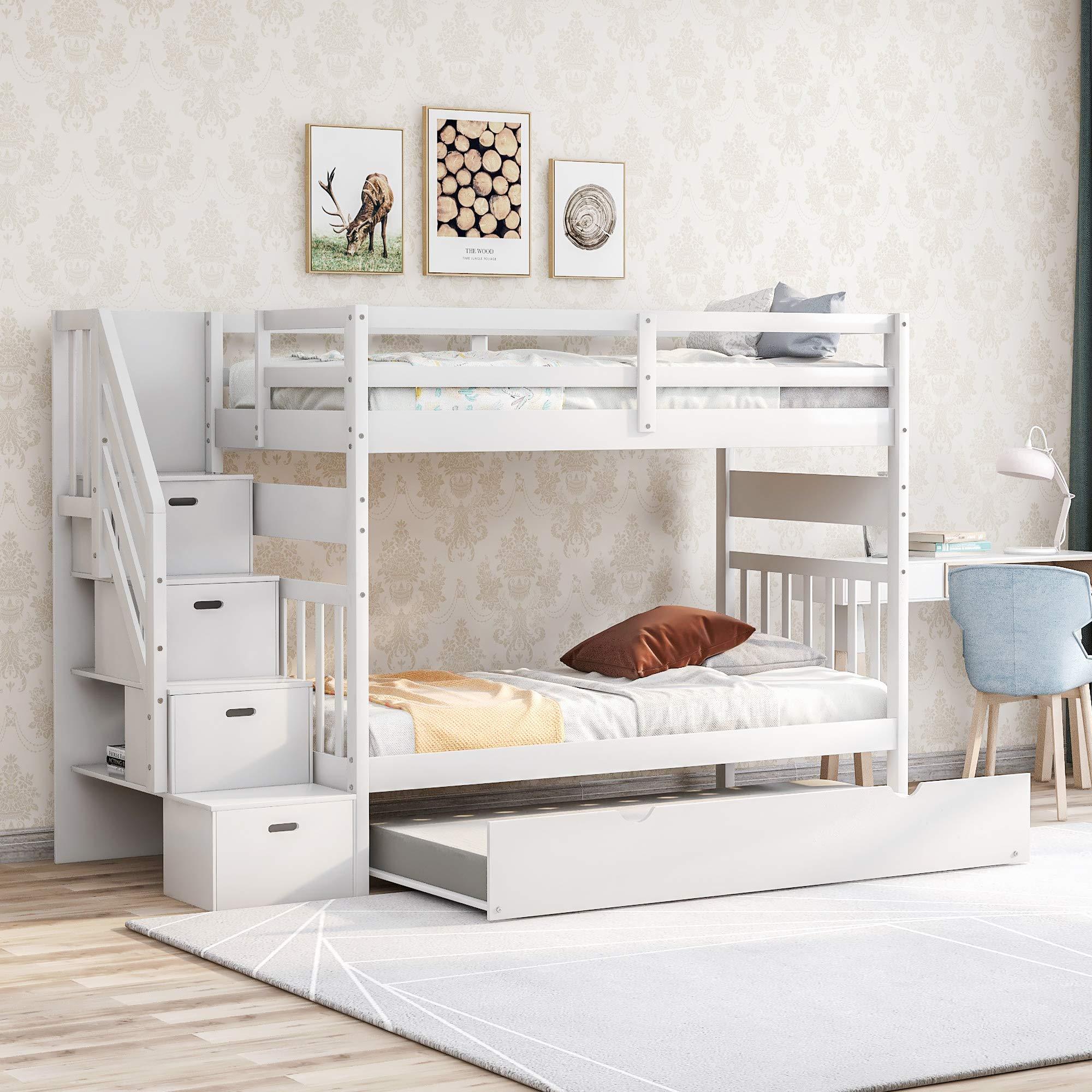 KLMM Twin Over Twin/Full Bunk Bed with Trundle Bed, Can be Split into Two beds, Kids Teens Solid Wood Bunk Bed Frame with Stairs Guardrail Locker Bedroom Furniture (White-Twin/Full)