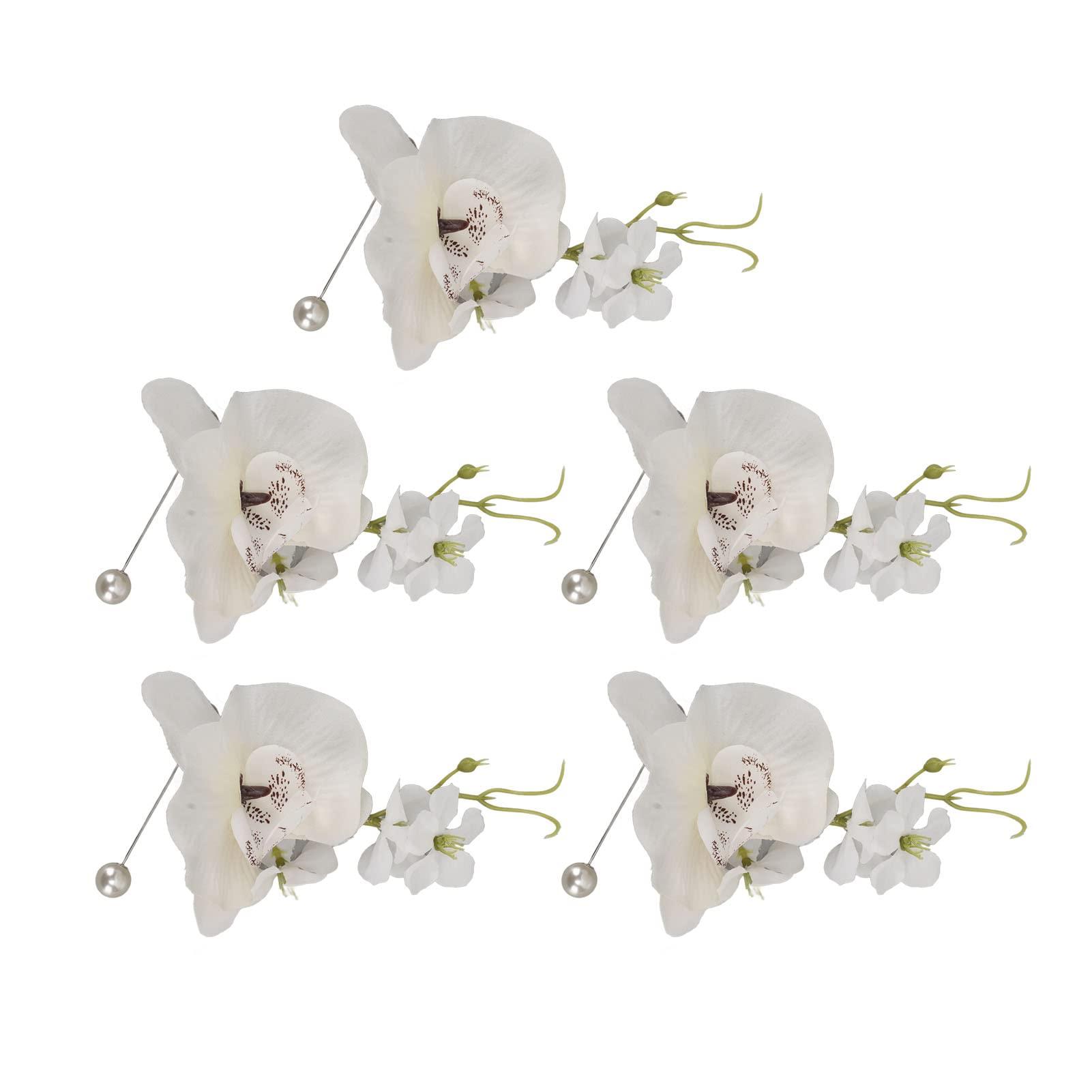 KWQBHW KWQBHW 5 Pcs Groom Boutonniere Wedding Elegant Orchid Boutonniere for Men with Pins Groom and Groomsmen Boutonniere for Wedding Ceremony Anniversary Party(White)