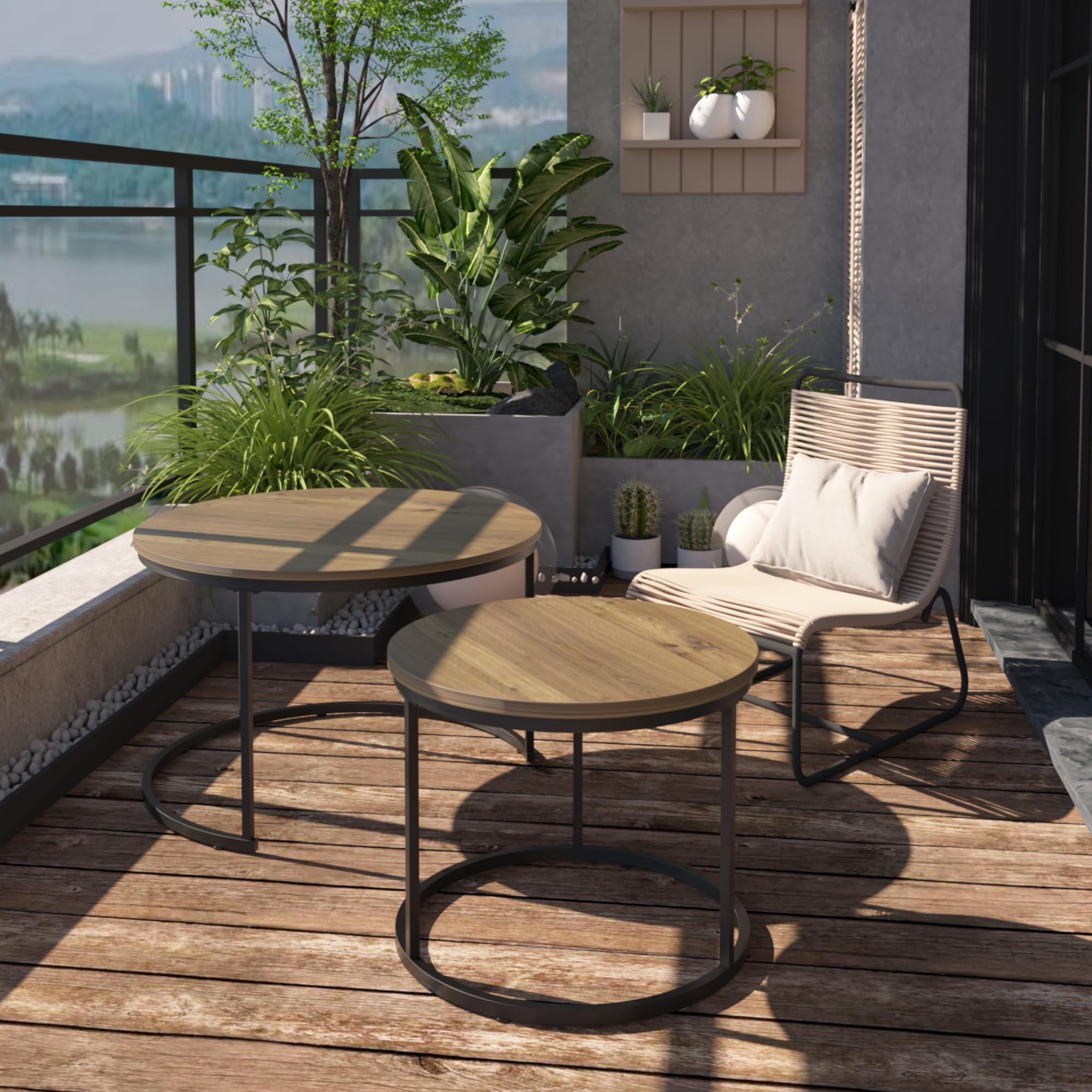 HEPMIMZHU HEPMIMZHU Nesting Coffee Table Set of 2, 27.6inch Round Coffee Table Wood Marble Pattern Top with Sturdy Metal Frame, End Table Side Tables for Living Room Bedroom (Brown)