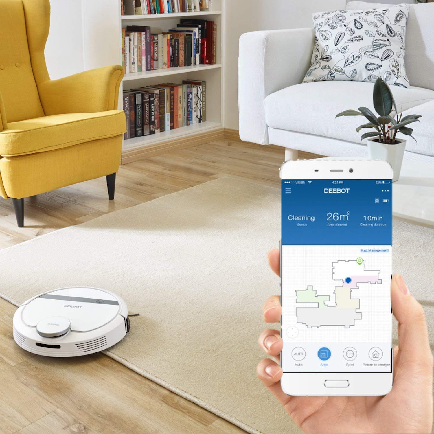 ECOVACS ECOVACS DEEBOT 900 Smart Robotic Vacuum, Carpet, Bare Floors, Pet Hair plus Mapping Technology, High Suction Power, WiFi, with Alexa, Google Assistant White (Renewed)