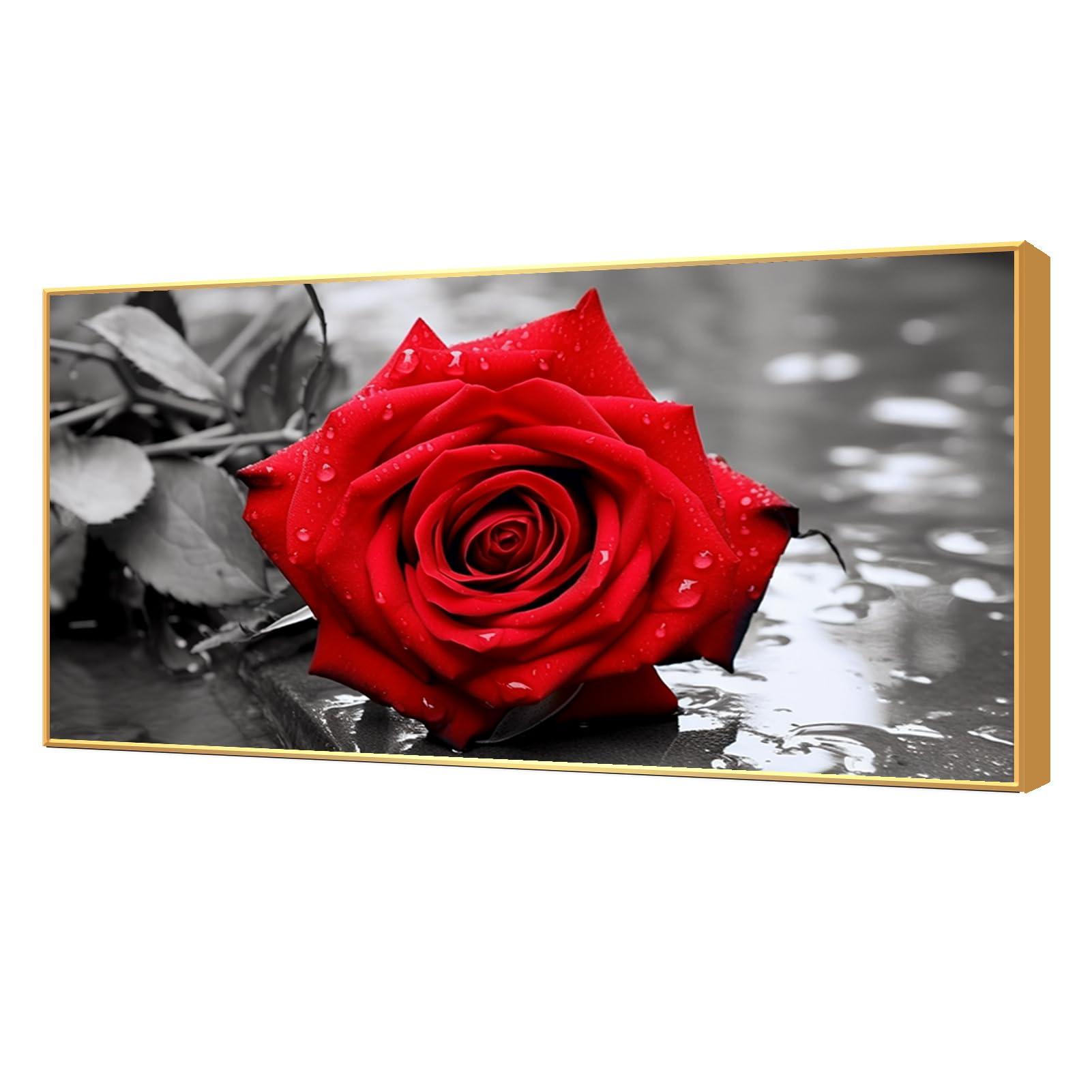 Feuwile Feuwile Red Roses Canvas Wall Art,Red Rose in Black And White Grayscale StyleCanvas Wall Art for Living Room Bedroom,Office(Gold Metal Frame 47" W x 23" H/120x60cm)