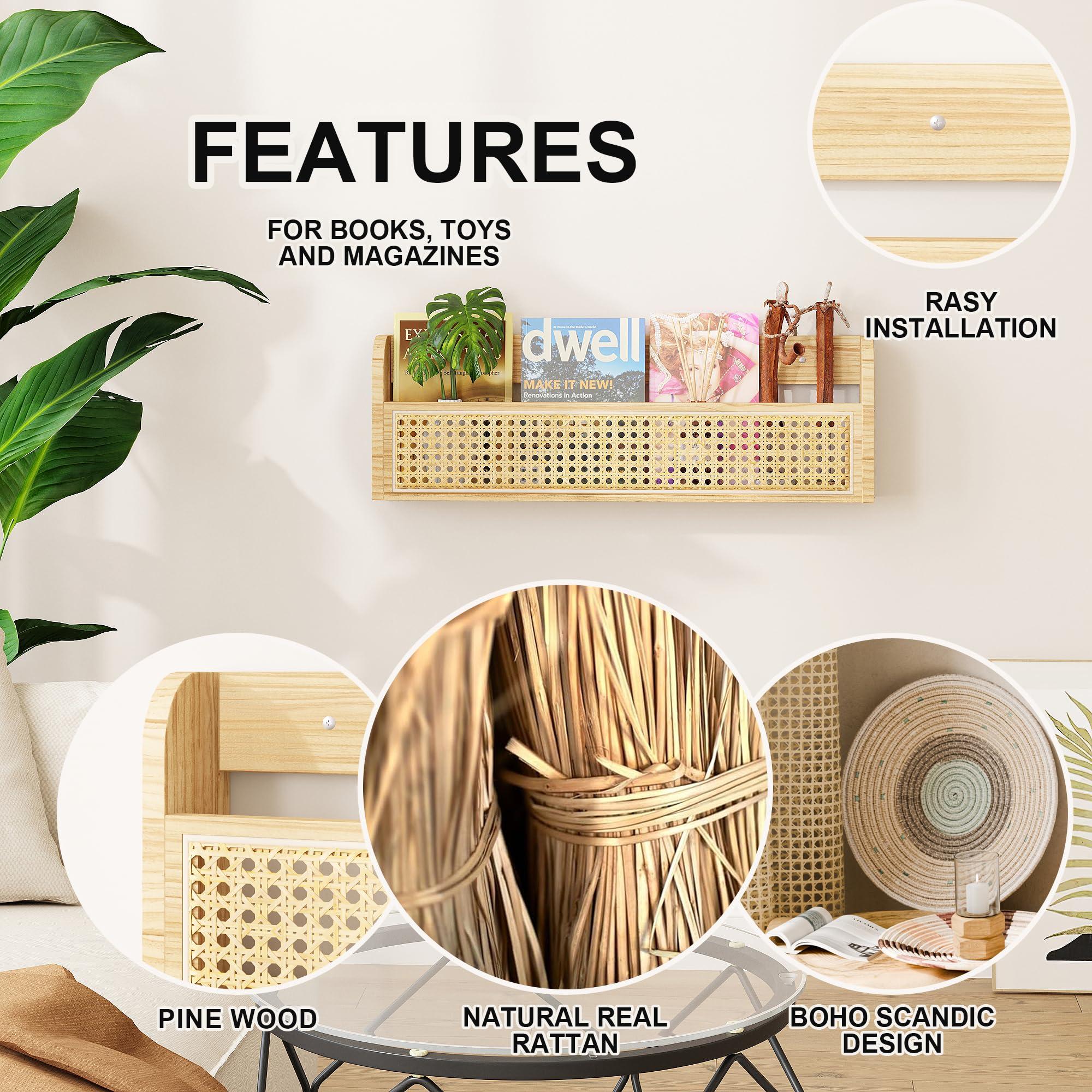 Ecowillon Ecowillon Wooden Rattan Wall Shelf - 24 Nursery Hanging Book Shelves for Wall, Picture Ledge Wicker Shelf, Boho Decorative Shelves for Netural Nursery Decor, Floating Rattan Shelf for Office,Bedroom
