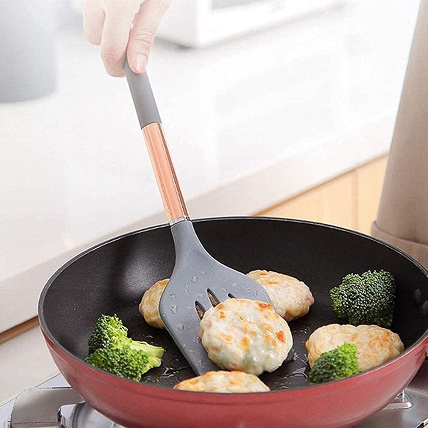 SMSOM SMSOM Silicone Cooking Utensil Set, Kitchen Utensils 7 Pcs Cooking Utensils Set, Non-Stick Heat Resistant Silicone,Cookware with Stainless Steel Handle (Grey)