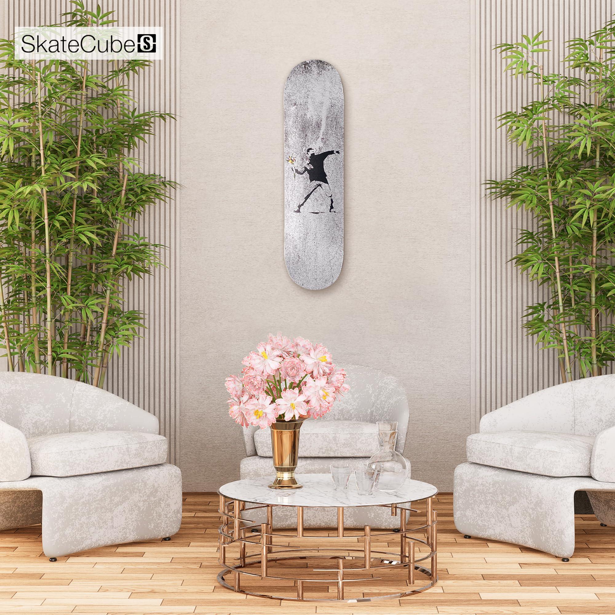 SkateCube Skateboard Canvas Wall Art Banksy Flower Thrower Art | 7 Ply Maple Wood Skateboard Deck | Graffiti Canvas Wall Art for Home Decor, Room Decor, Bathroom Wall Decor | Banksy Wall Art Canvas Large |