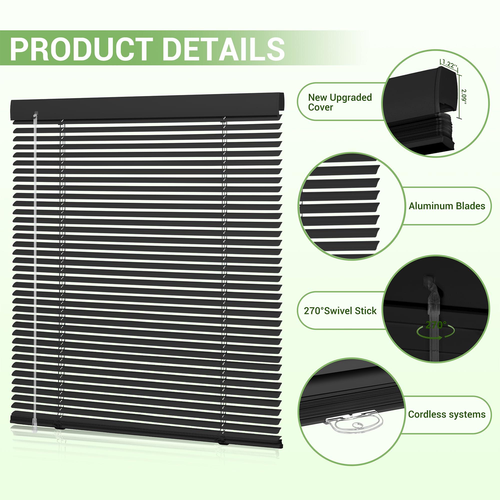Boolegon Boolegon Aluminum Mini Blinds Cordless Venetian Blind New 1 Inch Metal Slat Horizontal Blinds Anti-UV Waterproof Venetian Windows Blind for Office Home, Black, 35" W x 64" H