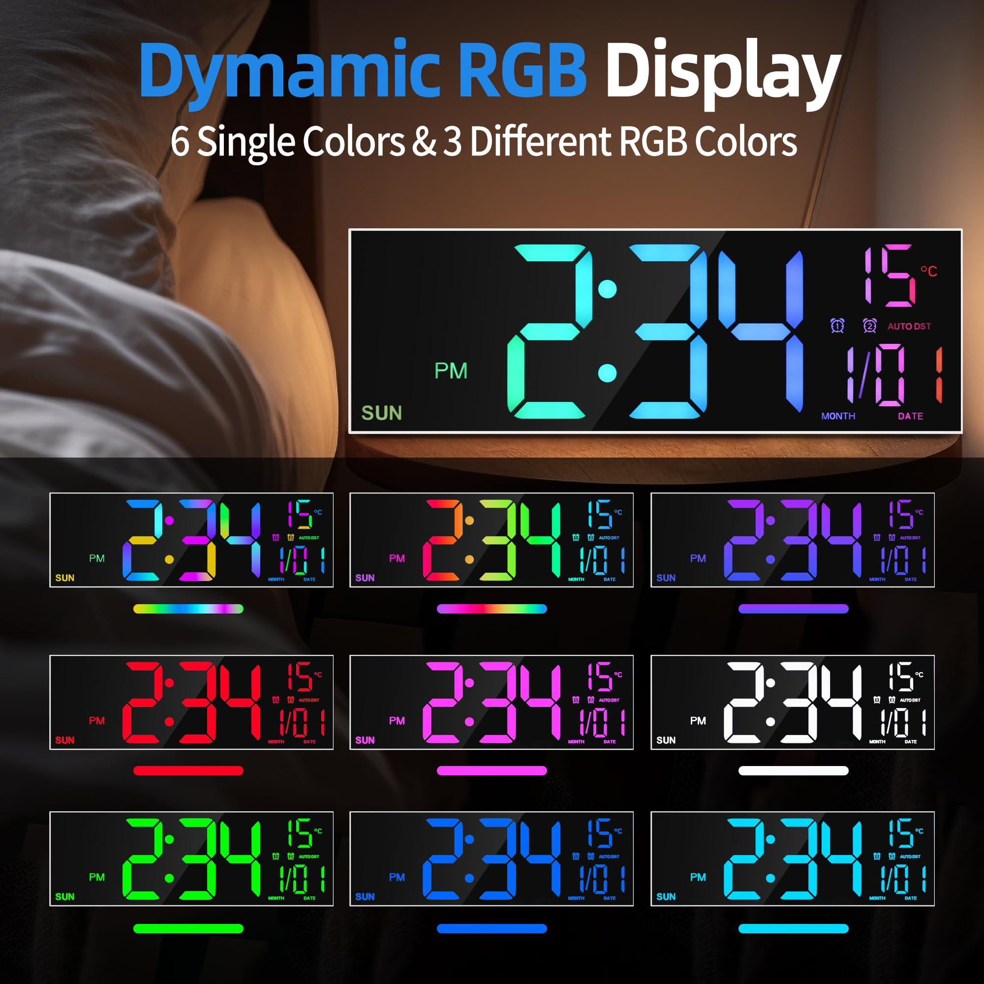 LEIKE LEIKE 16.2\'\' Large Digital Wall Clock with Remote Control, Big LED/Dual Alarm/8 RGB Colors/Auto Brightness/Date/Auto DST/Temperature/Night Light Gym Clocks for Living Room Bedroom Office Wall Decor