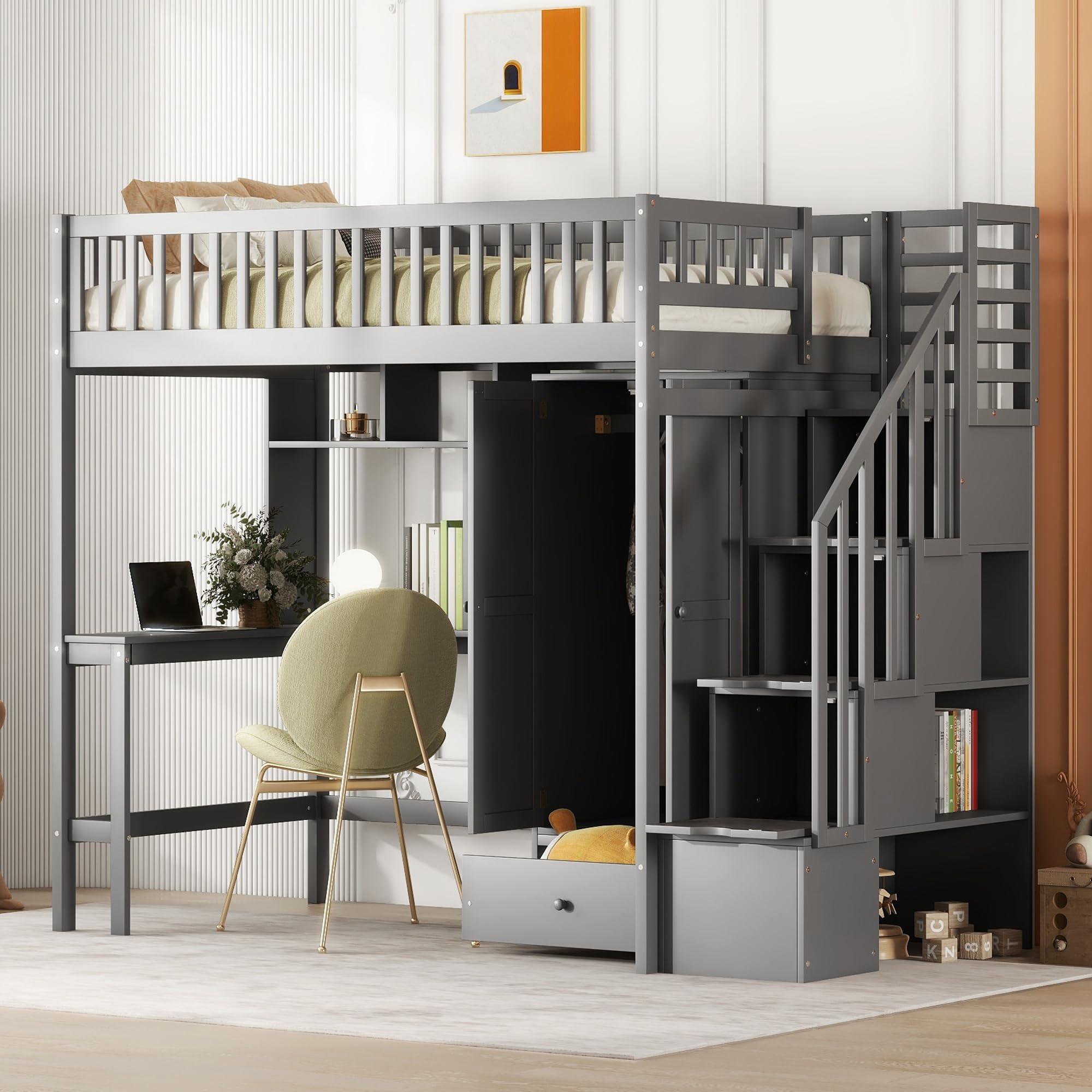 NicBex NicBex Loft Bed with Desk Loft Bed with Desk and Storage Queen Bed Frame with Storage Bunk Bed with Desk Underneath The Lower Level is a Wardrobe Suitable for Families with Many Children, Gray
