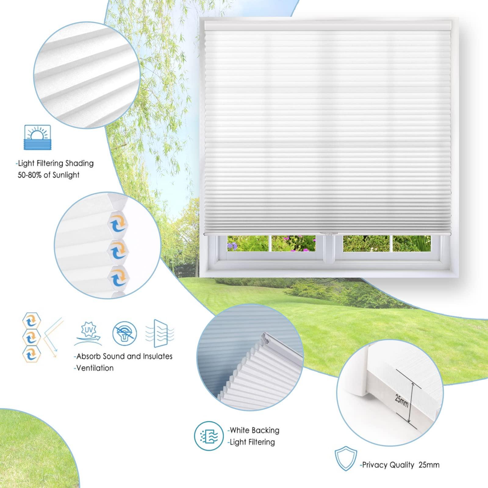 TINFONBLY Light Filtering Cellular Blinds for Windows- Cordless Single Cell Honeycomb Shades, Customized Size, Natural Light Crossing Into Bedroom, Livingroom, White-Light Filtering, 21" W x 56" H