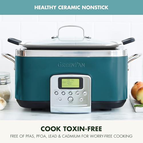 GreenPan GreenPan Elite 8-in-1 Programmable 6QT Electric Slow Cooker, Dishwasher Safe Lid & Removable Crock, PFAS-Free Healthy Ceramic Nonstick Multi-Cooker, Sear, Saut,Brown, Steam Basket, Roast, Deep Teal