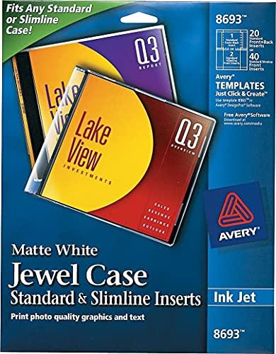 AVERY Avery 8693 Inkjet CD/DVD Jewel Case Inserts, Matte White, 20/Pack
