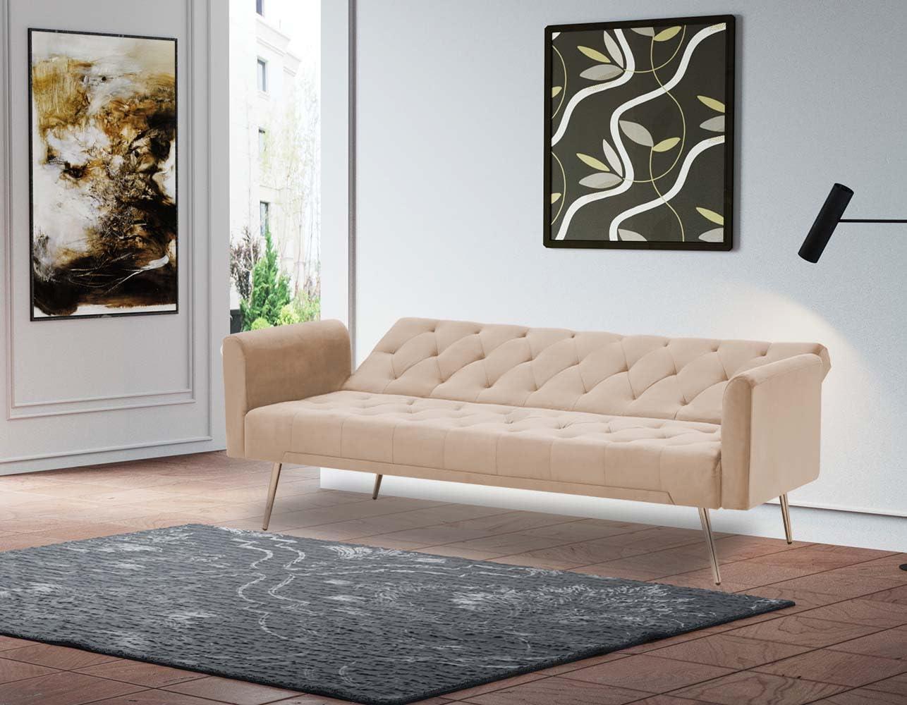 Majnesvon 71" Convertible Folding Sleeper Sofa Couch,Modern Velvet Loveseat Sleeper with 2 Pillows, Futon Sofa Bed with Mattress and Frame for Living Room,Bedroom,Small Space (Beige)