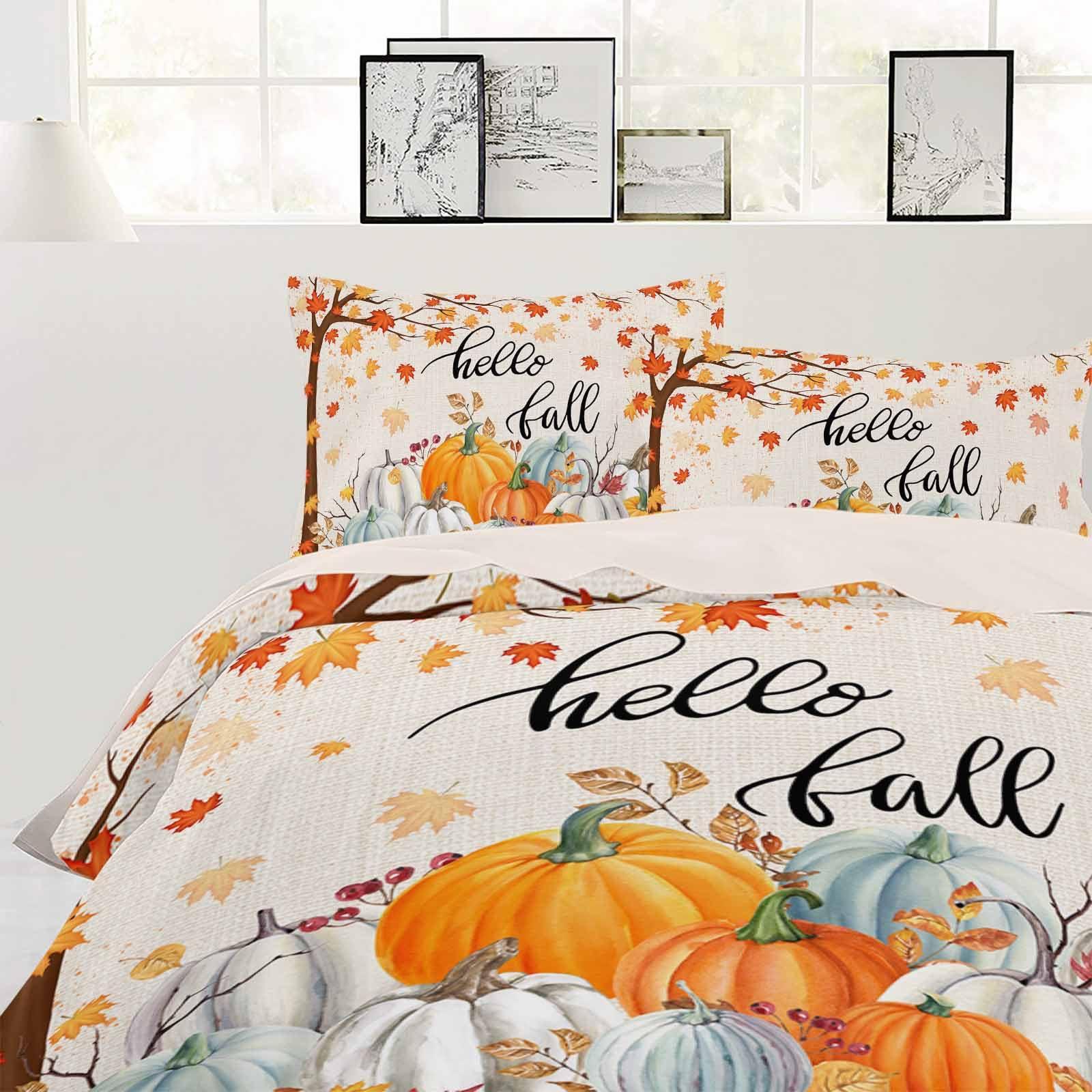 DecorLovee DecorLovee Hello Fall Duvet Cover Set 3 Pieces with Zipper Closure, Pumpkins Autumn Botanical Thanksgiving Rustic Bedding Sets 1 Duvet Cover & 2 Pillow Cases, Comforter Cover Set Duvet Cover Twin