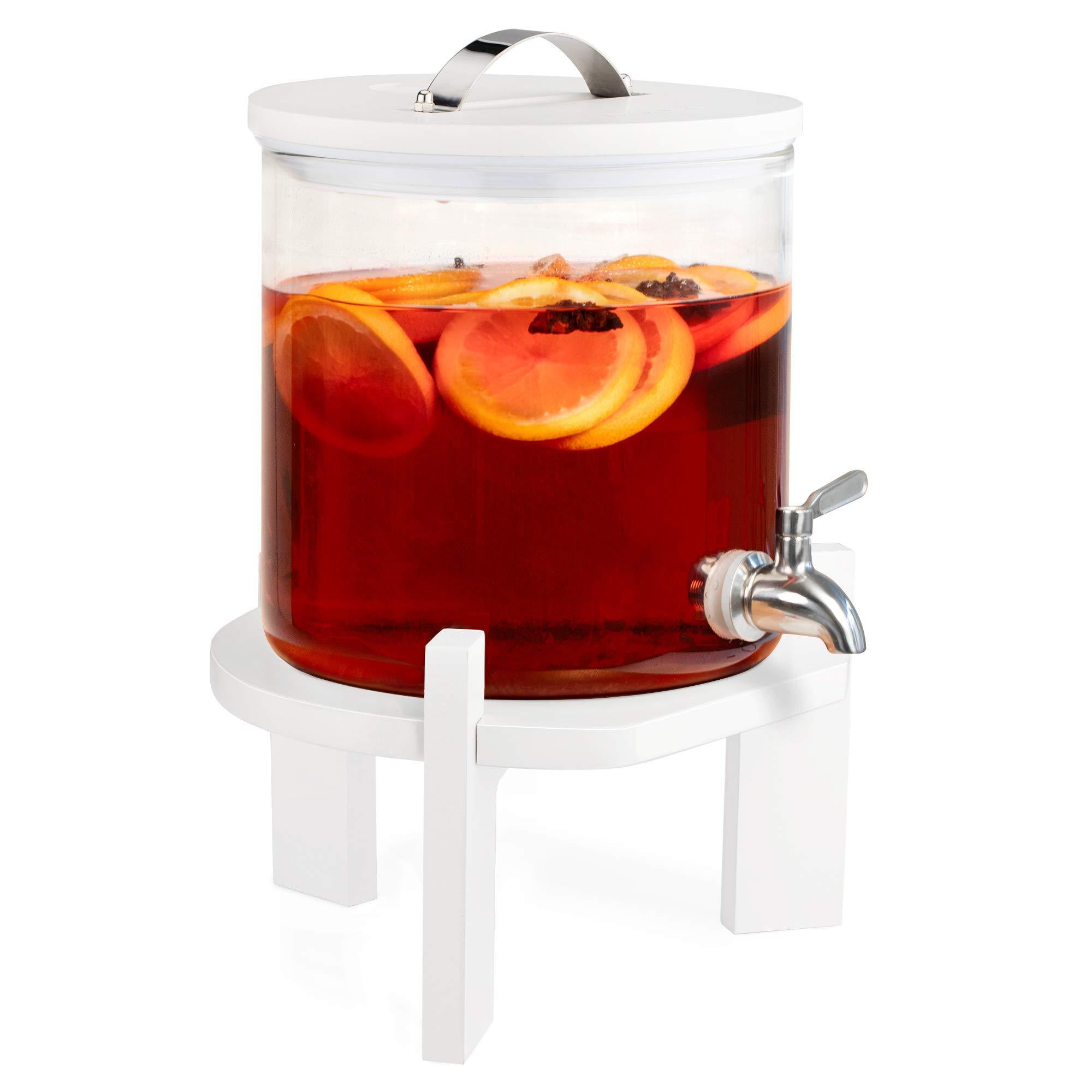 Navaris Navaris Beverage Dispenser with Stand - 1.3 Gallon (5L) Glass Drink Dispenser with Stainless Steel Spigot - Drinks Water Parties - White Beech Wood