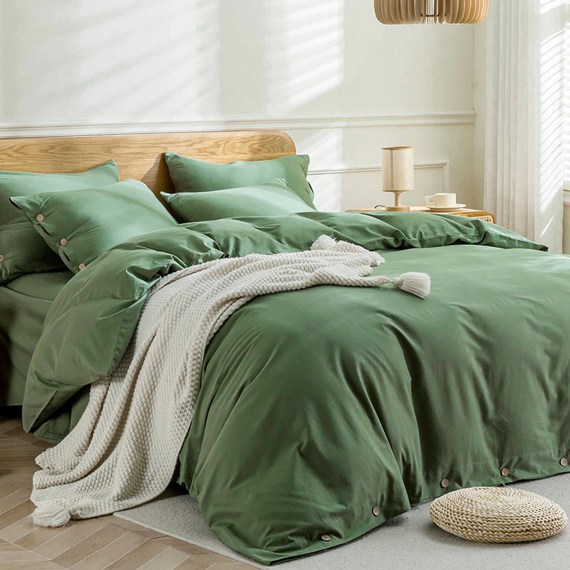 JELLYMONI JELLYMONI Cotton Duvet Cover Set - 100% Washed Cotton Linen Like Textured Comforter Cover, 3 Pieces Soft Bedding Set with Button Closure (Green, Super King 120\"x98\")