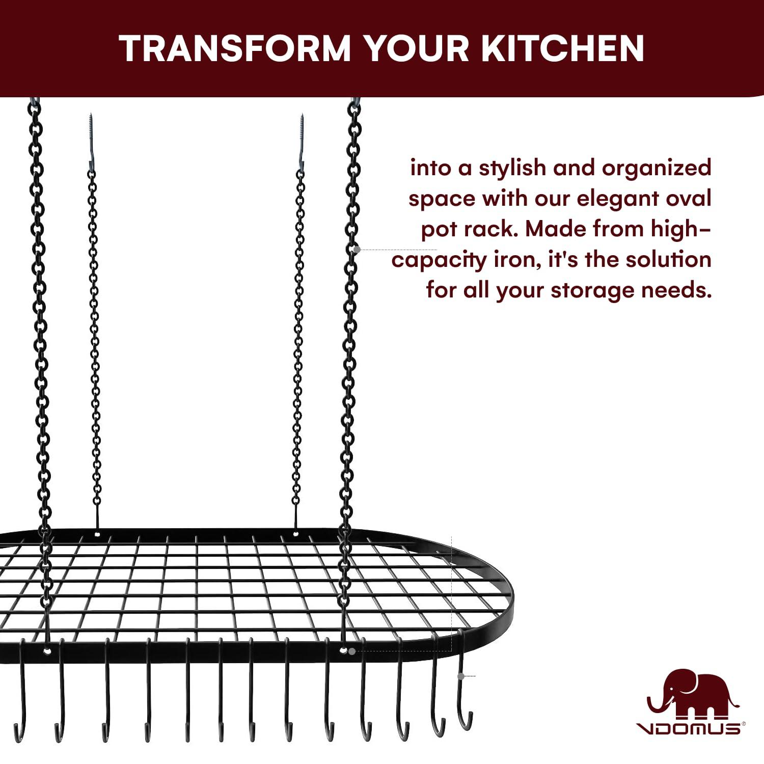 Vdomus Vdomus Heavy-Duty Hanging Pot Rack - 33x17 Inches - Stylish Black Alloy Steel Ceiling Storage with 15 Hooks - Organize Kitchen Cookware and Utensils - Space-Saving Mounted Overhead Holder