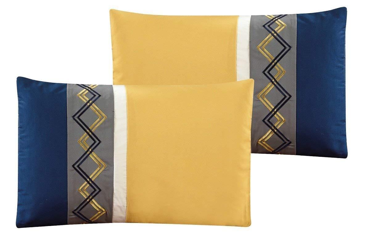 Chezmoi Collection Chezmoi Collection Arden 7-Piece Modern Pleated Stripe Embroidered Zigzag Bedding Comforter Set (King, Navy/Gray/Yellow/White)