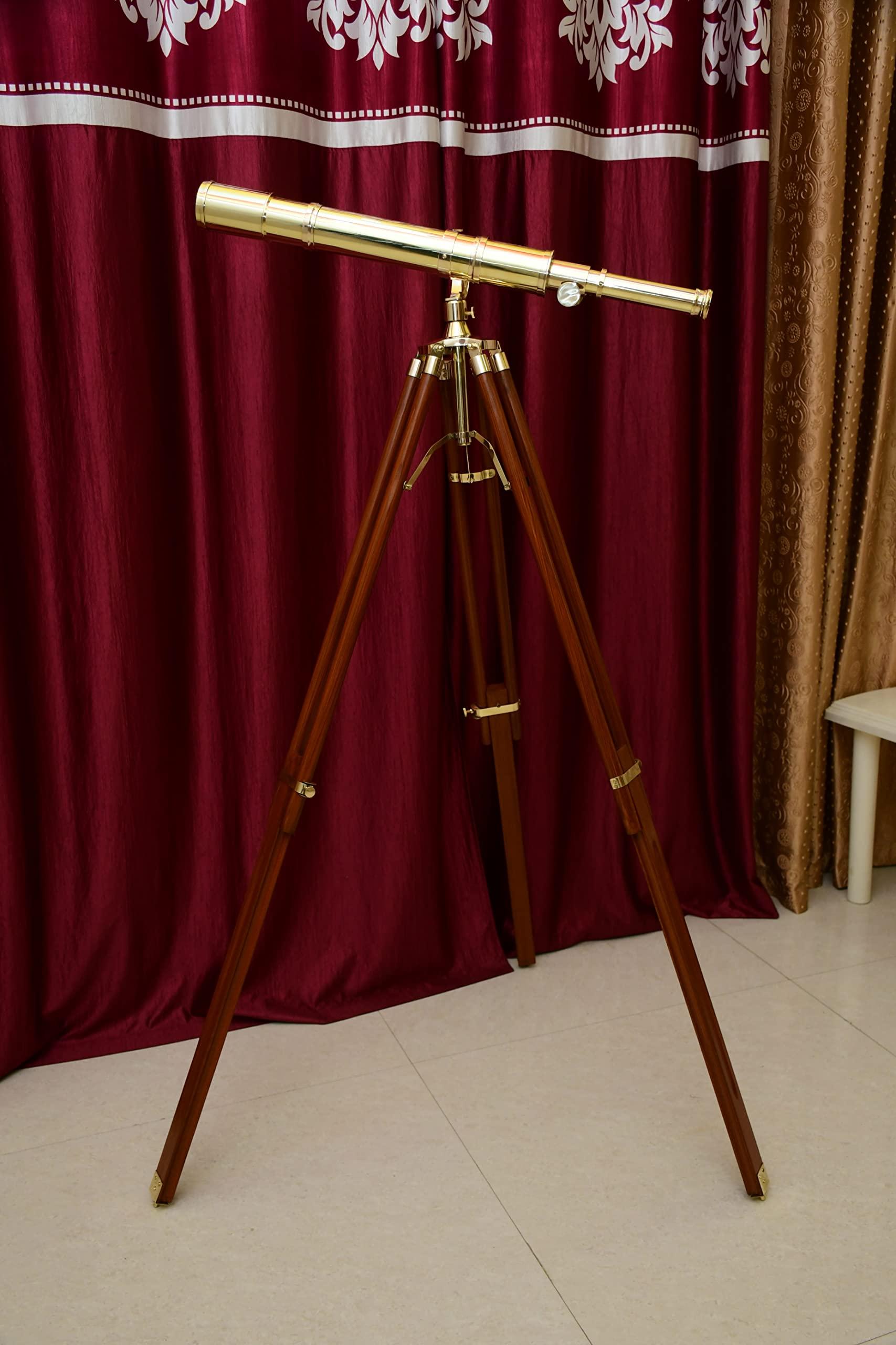 NAVIROCK Navirock Nautical Marine Navy Telescope Solid Brass Shiny Brass Telescope with Wooden Tripod Adjustable Brown Stand with Chrome Compass