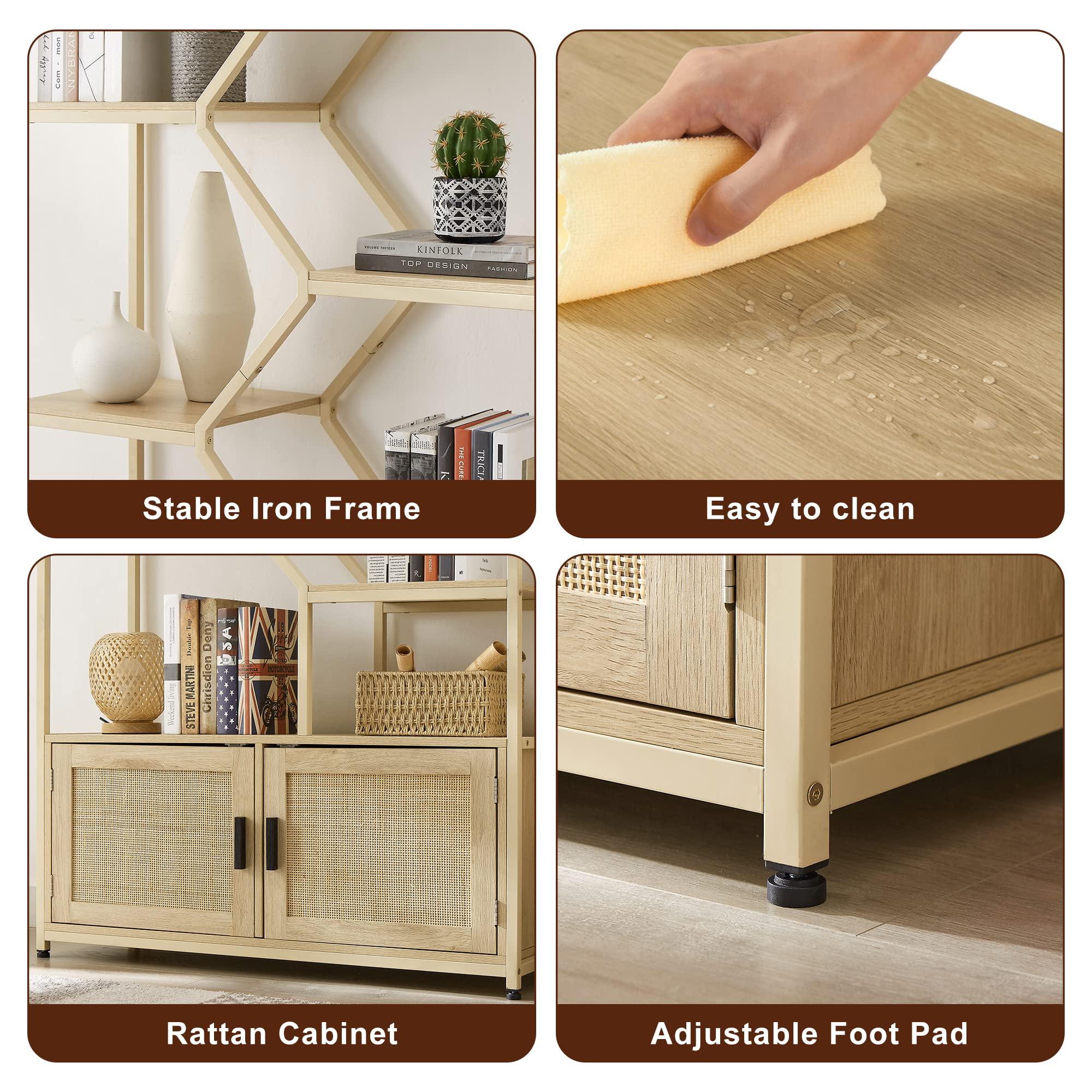 SPOFLYINN SPOFLYINN 7-Tier Bookshelf, Rattan Bookcase with 2 Doors Storage Cabinet Organizer, Free Standing Shelf Units for Living Room Home Office, 39.4''W x 13.8'' D x 75.6'' H Natural As Shown One Size