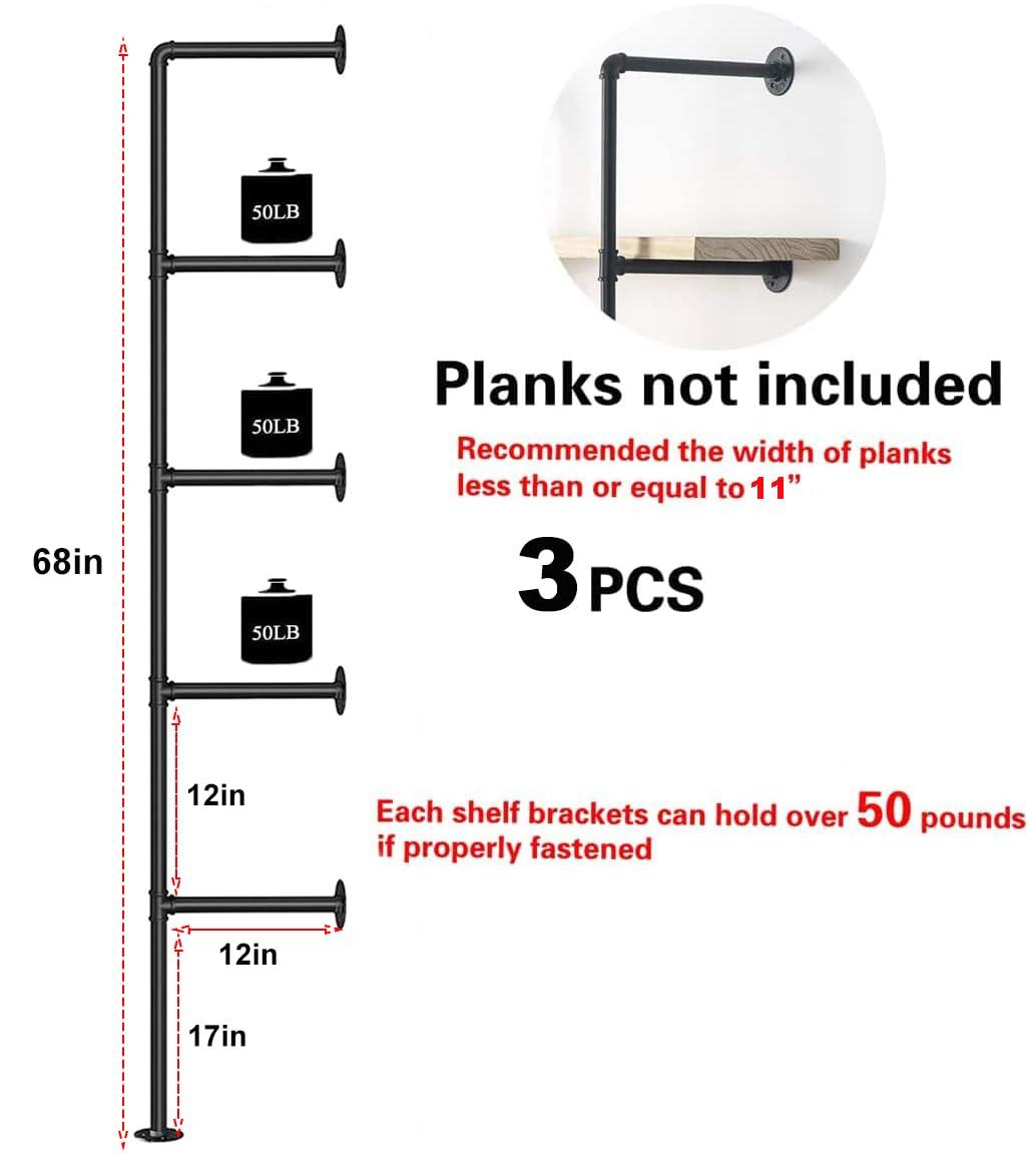 Kaler Industrial Iron Pipe Shelves, 3 Set 5-Tier, 68\" Tall, 12\" Depth, DIY Open Bookshelf Bookcase, Wall Mounted Vintage Retro Shelving, Rustic Farmhouse Pantry Kitchen Storage, Black Shelf Brackets