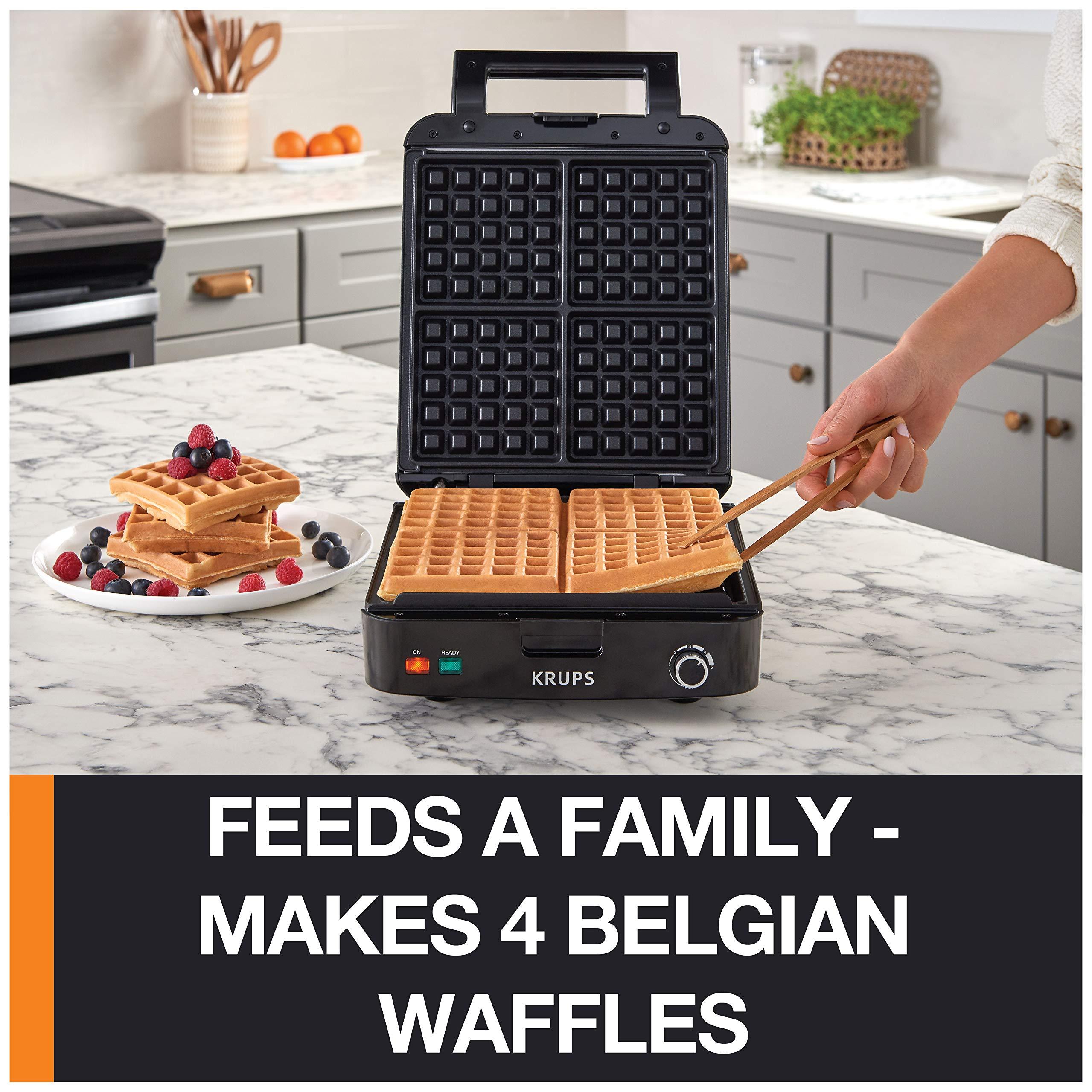 KRUPS KRUPS 4-Slice Belgian Waffle Maker: Stainless Steel, 5 Browning Levels, Audible Ready Beep, Removable Plates, 1200W, Silver/Black - Perfect for Family Breakfasts