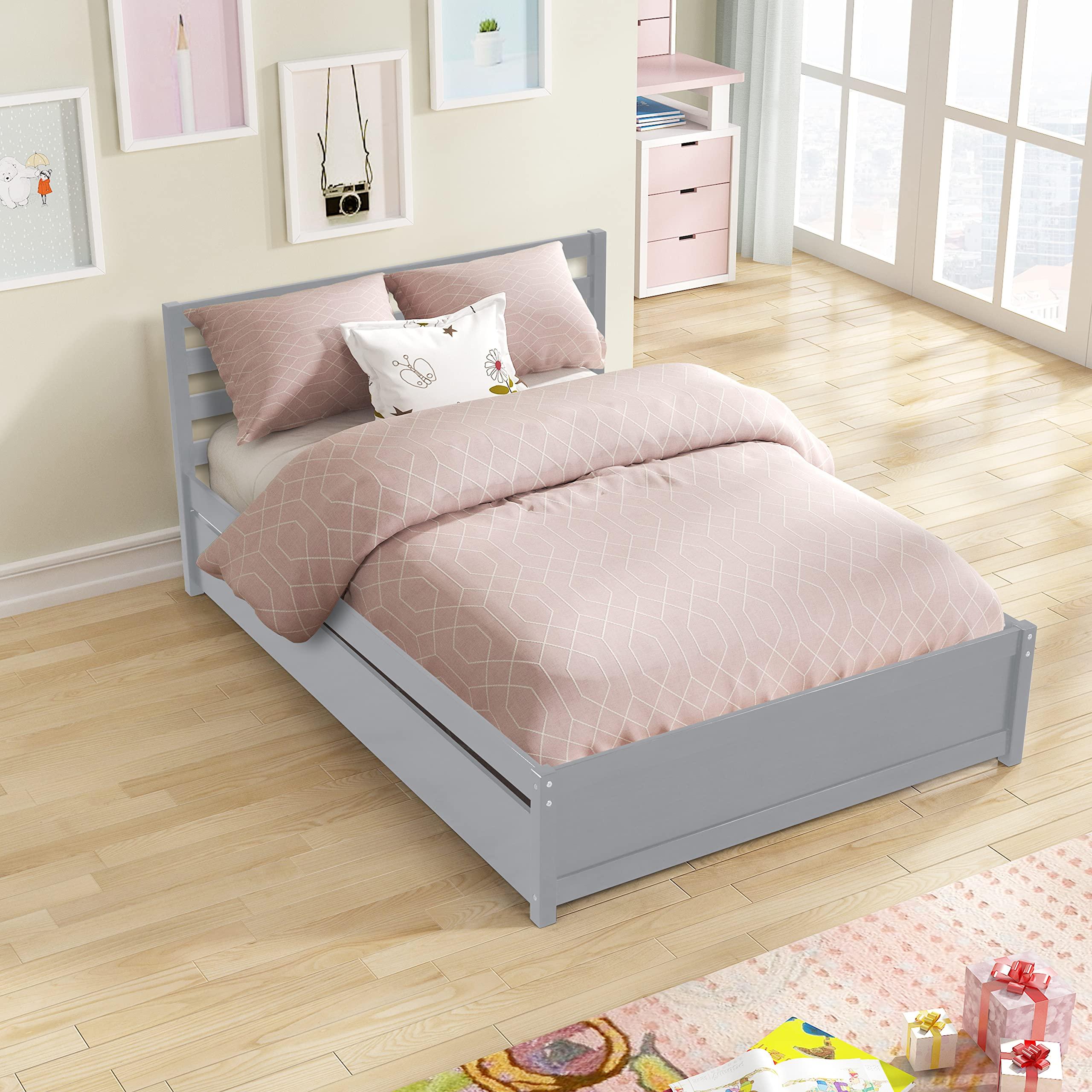 HomSof HomSof Full Size Wood Platform Bed Frame with Headboard and Twin Trundle,Grey