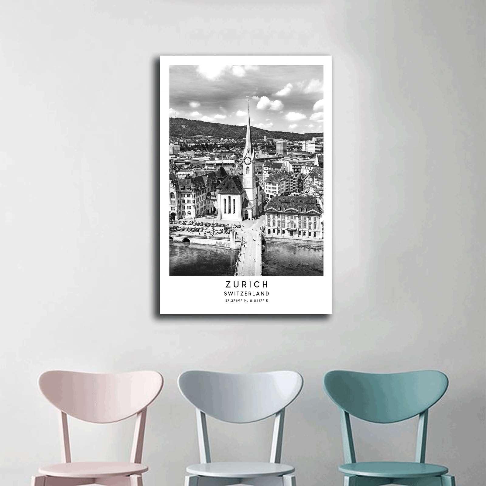 GHTYER Canvas Posters and Prints Wall Art Pictures Zurich Travel Print Black And White Zrich Switzerland Poster Zurich City Print Minimalist Zurich Wall Art Kitchen Dining Room Wall Home Decoration 16x24inch wood Frame