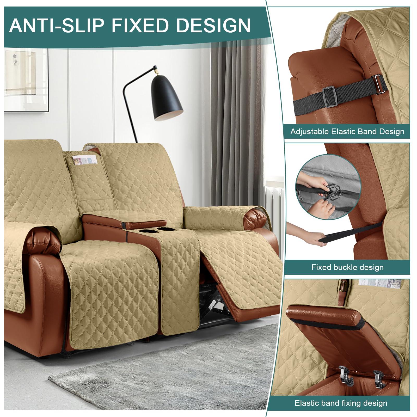 Ruaozz Ruaozz Waterproof Recliner Loveseat Cover with Console Non-Slip Couch Covers for Reclining Couches Pet Cover for Double Recliner Sofa Cover with Elastic Straps for Kid Dogs Pets (Sand, 2 Seater)
