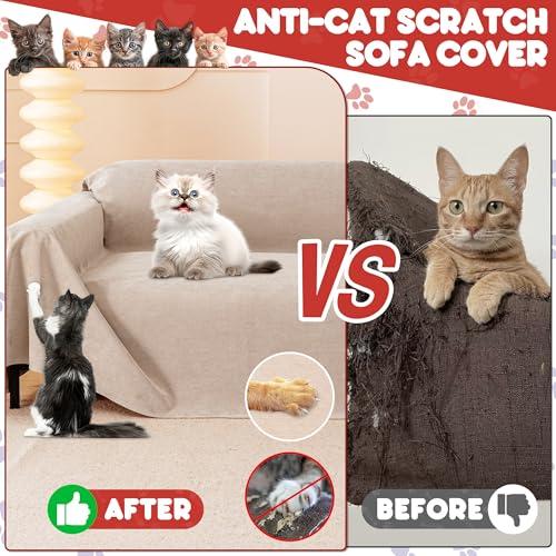 Loiion Cat Scratch Furniture Protector - Anti-Slip, Waterproof Sofa Cover to Keep Cats Off, Pet-Friendly Couch Protectors for 3 Cushion Couch, Khaki Anti-Scratch Couch Cover for Pets and Kids 134\"X71\"