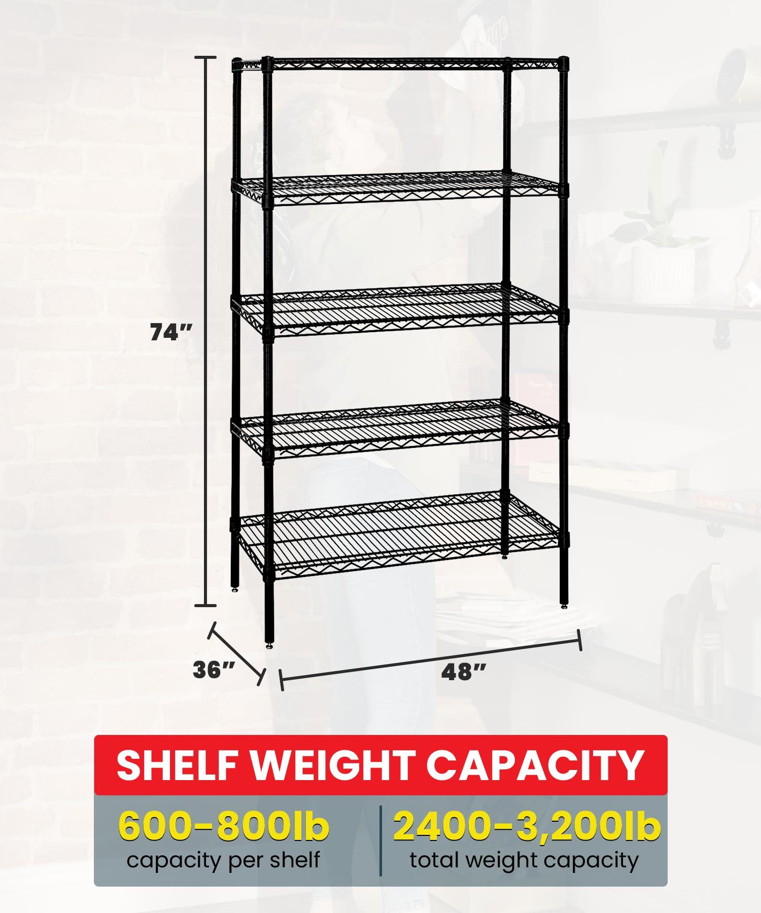 QUANTUM STORAGE SYSTEMS Quantum Storage Systems WR74-3648BK-5 Wire Shelving Starter Kit, 48" W x 36" D x 74" H, 600 lbs Capacity, Carbon Steel, Epoxy Coated, Black, NSF