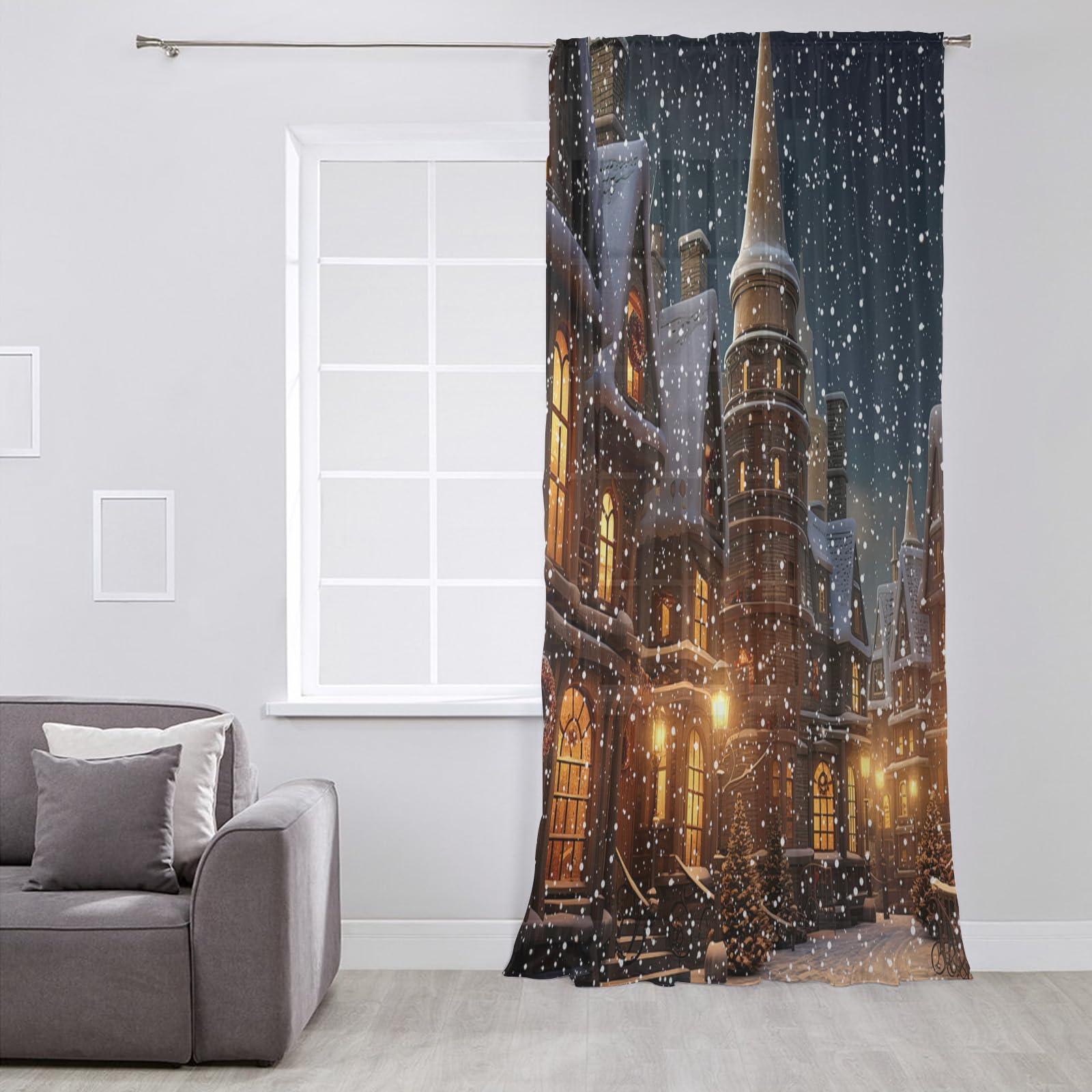 ZOE GARDEN Old World Town Window Curtains 54 Inches Long,Semi Sheer Rod Pocket Chiffon Curtains & Drapes Drapery Voile Draperies Window Treatment for Living Room/Bedroom,Christmas Historical Winter Street House