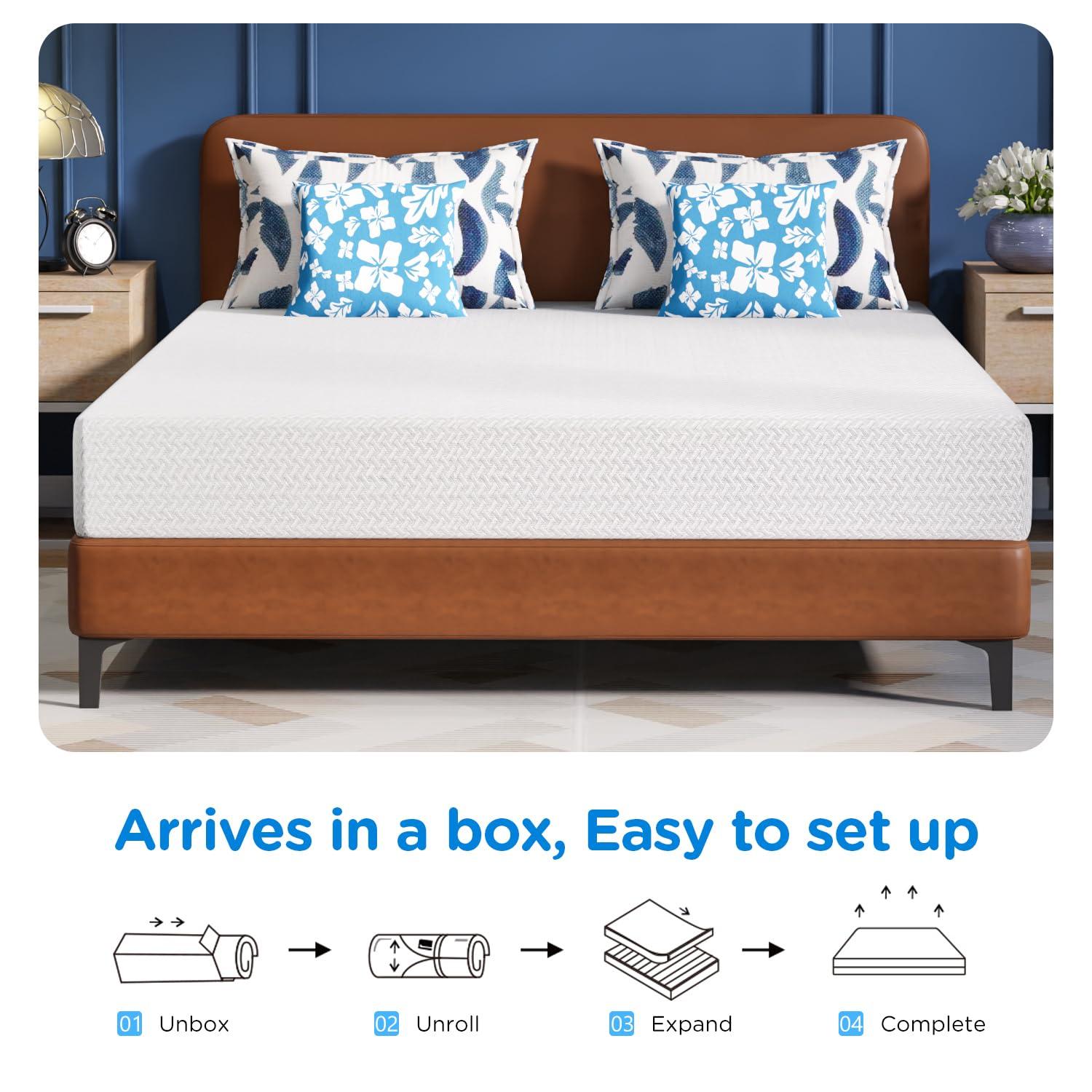 FDW FDW 10 Inch Green Tea Queen Cooling Gel Memory Foam Mattress/Medium-Firm Mattress for Pressure Relief for Kid Adults/CertiPUR-US Certified/Mattress in a Box, Queen