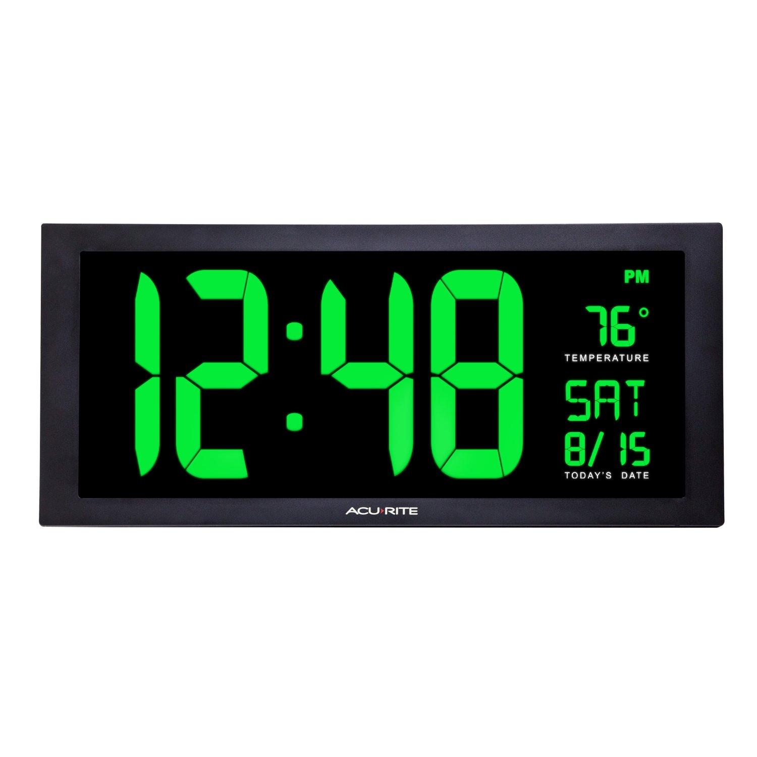 AcuRite AcuRite 76101M Oversized LED Clock with Indoor Temperature, Date and Fold-Out Stand, 18", Green