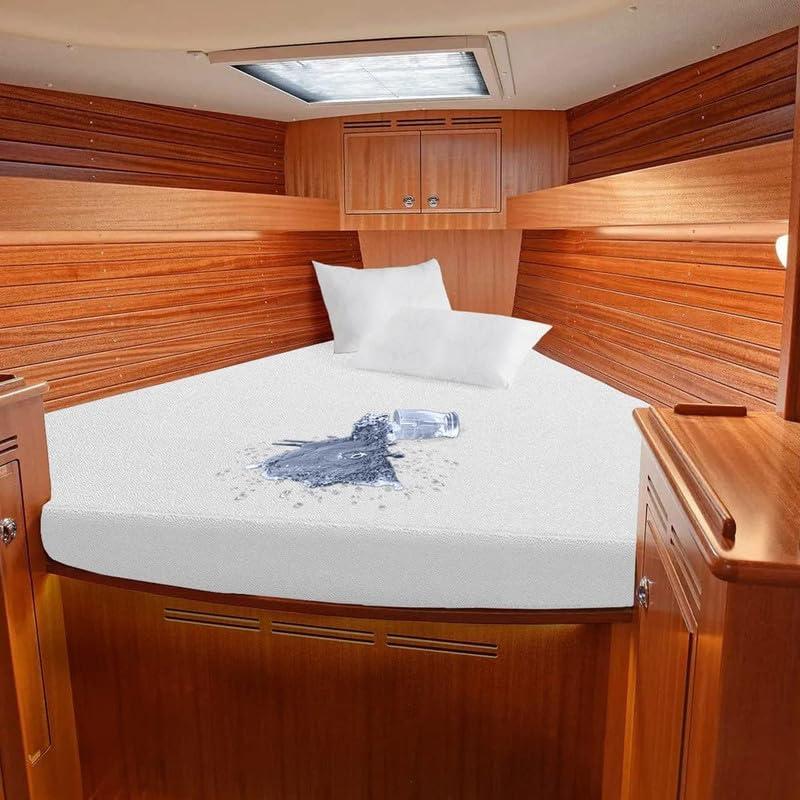 World Bedding World Bedding White XL V Berth Mattress Protector for Boat 100% Waterproof Fitted Style Mattress Pad Cover Fits Upto 12 Inch Deep Pocket Mattress, Ultra Soft Terry Cotton Washable Mattress Cover