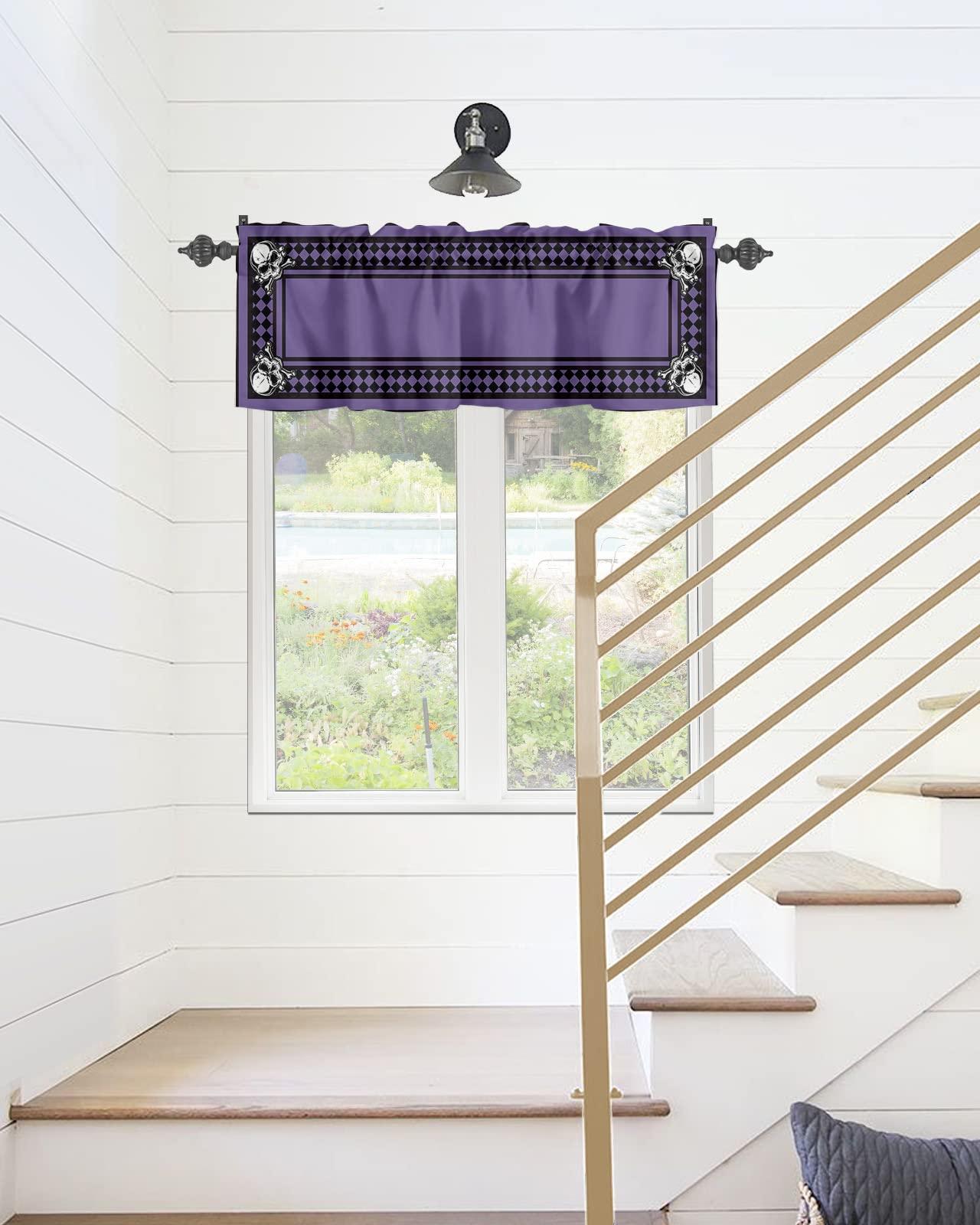 Chucoco Valances Curtain for Kitchen Cafe,Scary Halloween Black Diamond Plaid Horror Skull Window Valance 1 Panel Short Curtains 42x18In Rod Pocket Windows Treatment Drape for Living Room Bedroom Purple