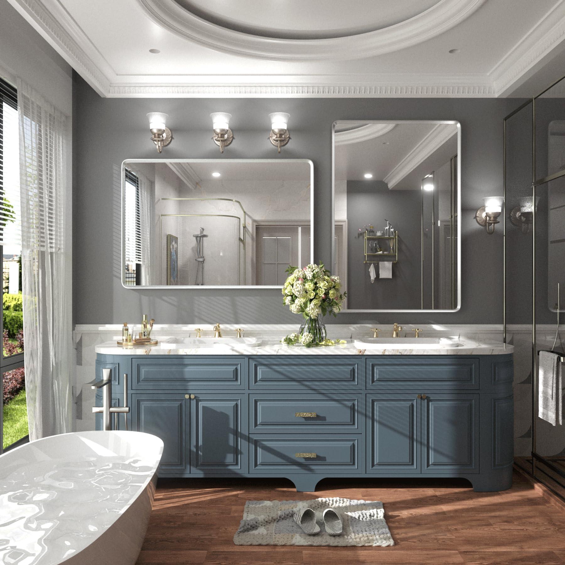 GOLOMO GOLOMO 48x36 Inch Silver Bathroom Mirror for Wall, Silver Metal Framed Bathroom Vanity Mirror, Modern Rounded Rectangle Mirror, Shatterproof, Anti-Rust (Horizontal/Vertical)