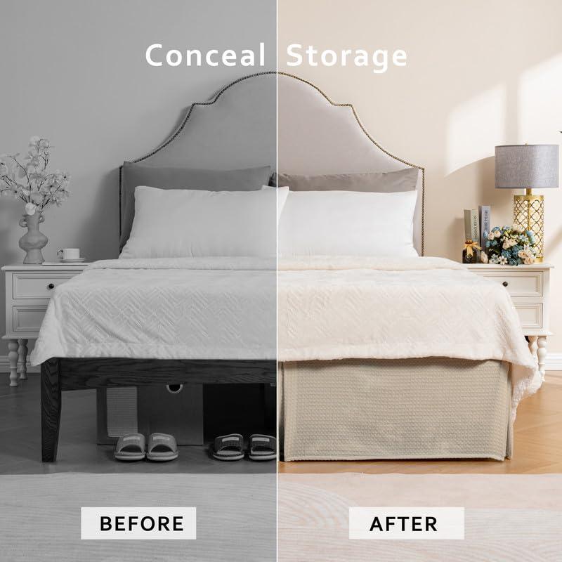 MIYE MIYE Pleated Waffle Weave Bed Skirt, Tailored Dust Ruffle 12 Inch Drop Easy Fit, Machine Washable (Cream,Cal King - 12\" Drop)