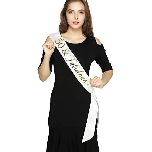 ADBetty 50 and Fabulous Sash, 50th Birthday Sash Fabulous 50 Sash Birthday Party Favors, Supplies and Decorations (White/Gold)