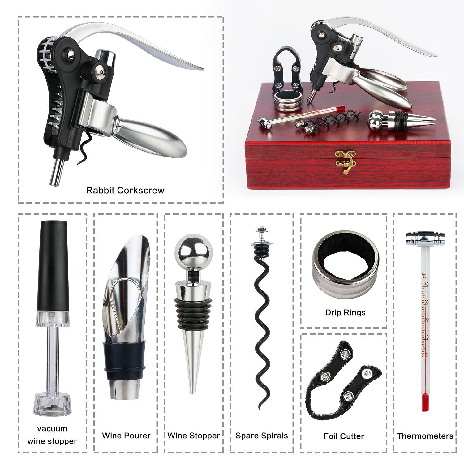 QCLTY 9-Pieces Wine Opener Set - Rabbit Corksrew Stainless Steel Wine Bottle Opener Kit, Includes Foil Cutter | Wine Decanter Pourer | Thermometer | Drip Ring Wine | Bottle Alloy Stopper with Nice Gift Box