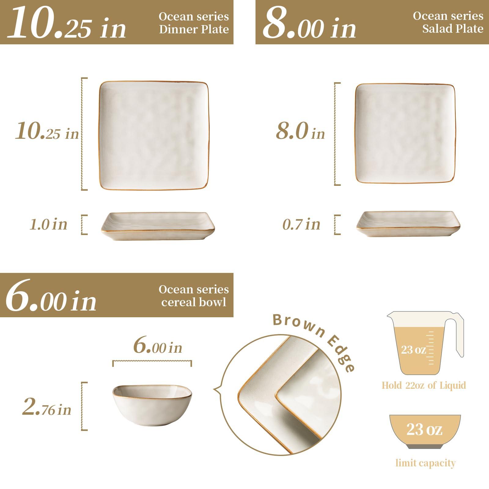 famiware Famiware Ocean Square Plates and Bowls Set, 18 Pieces Dinnerware Sets, Dishes Set for 6, Microwave and Dishwasher Safe, Scratch Resistant, Cappuccino White