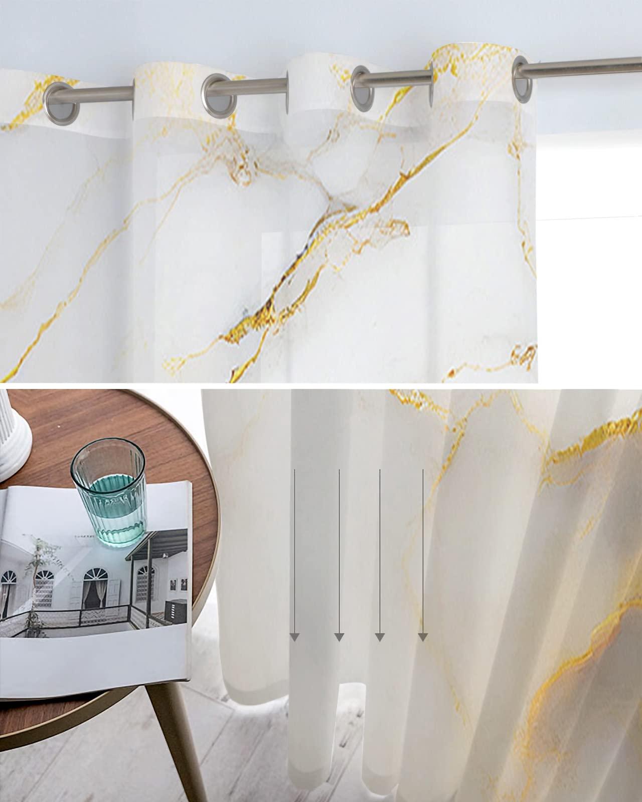 Homechoid Marble Gold Grey Sheer Curtains 45 Inches Long 2 Panel Set, Modern Abstract Minimalist Art Light-Filtering Semi Sheer Drapes Window Curtains for Living Room/Bedroom 52x45x2
