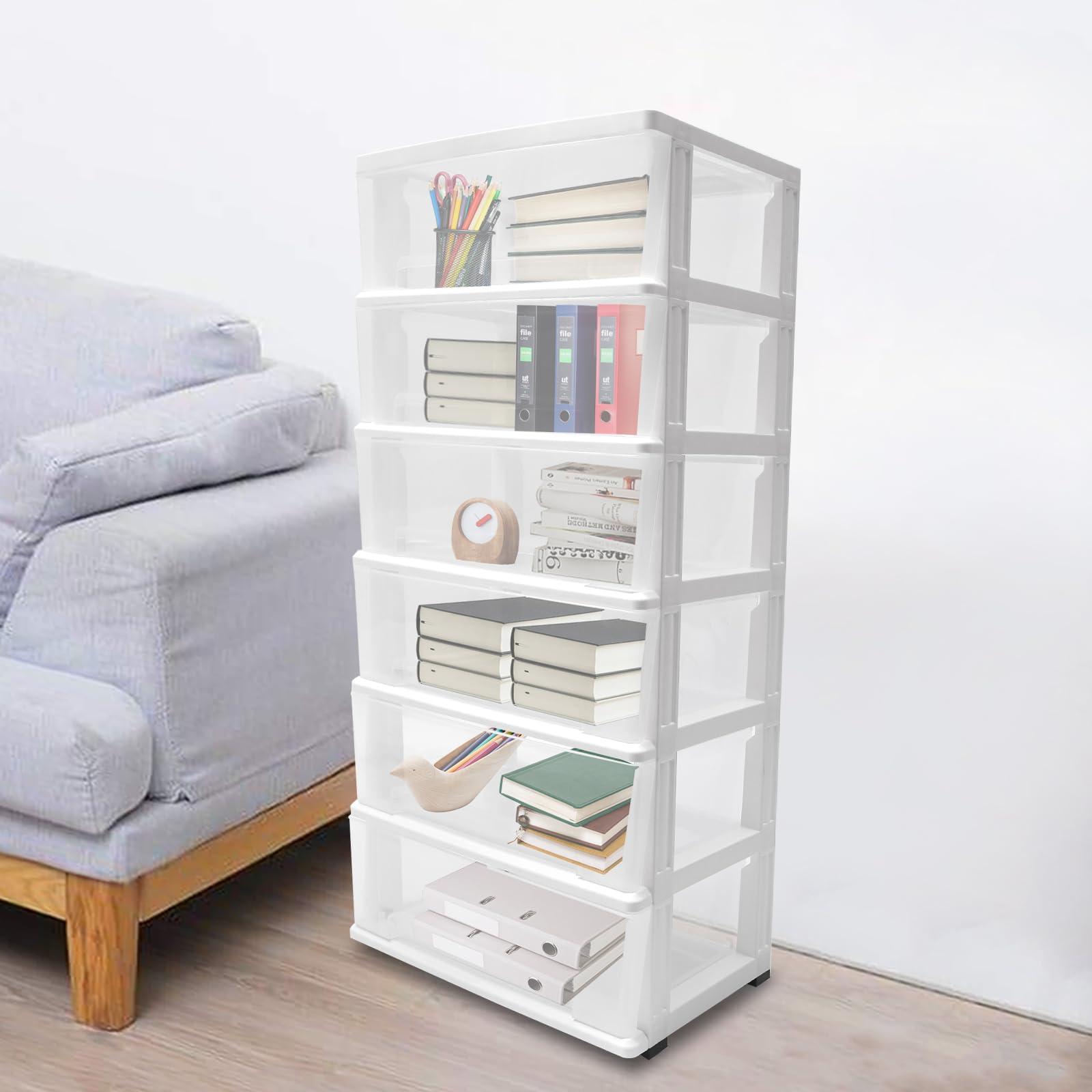 TTeralmon 6 Layer Clear Plastic Drawer w/Wheels, Storage Cart Plastic 6 Drawer Plastic Organizer with Drawers Stackable Storage Drawers for Office Closet, 19.7 * 13 * 43in (White)